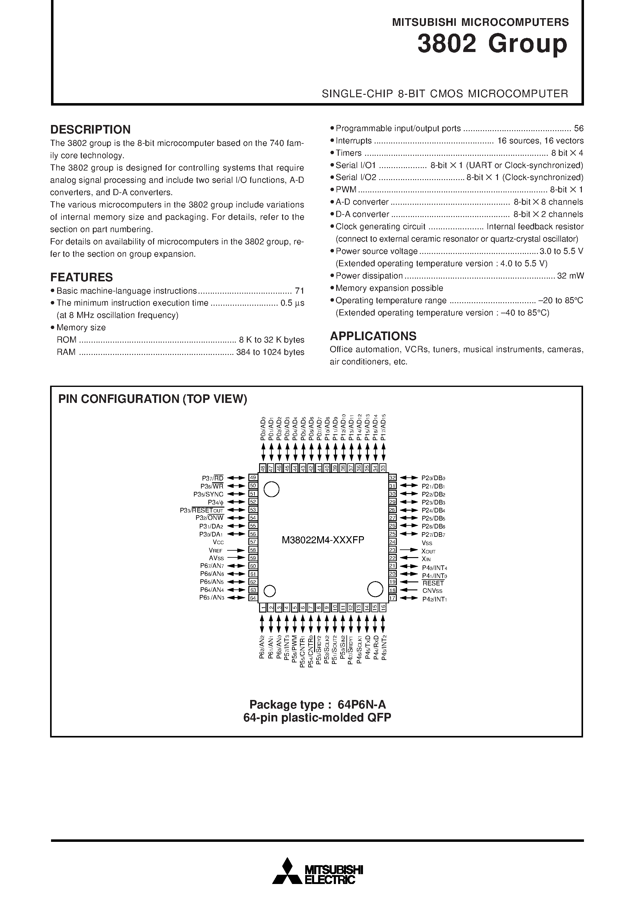 Datasheet M3802xxx - 8-BIT SINGLE-CHIP MICROCOMPUTER page 1