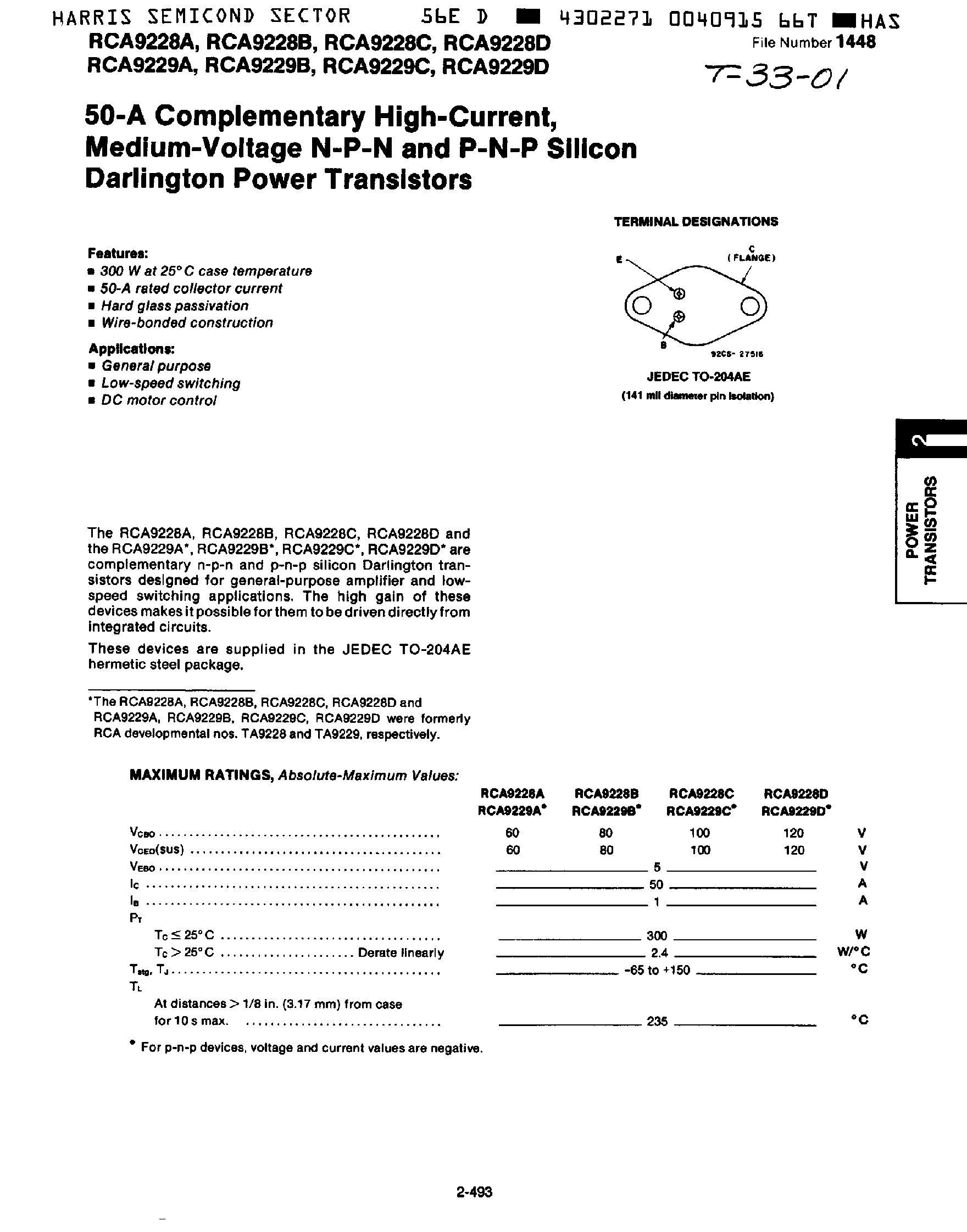 Datasheet RCA9228 - 50A Complementary High-Current / NPN PNP Power Transistors page 1