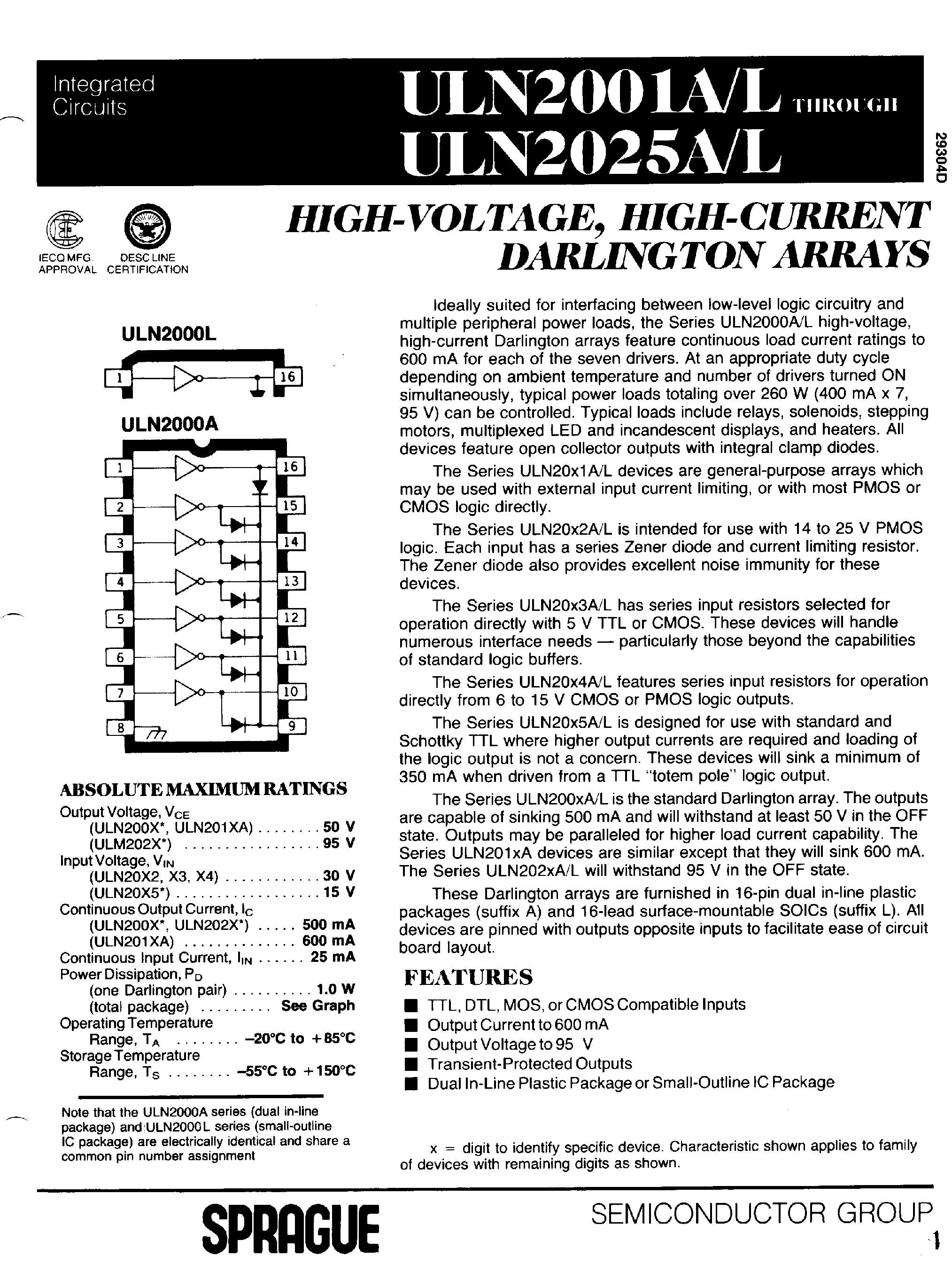 Даташит ULN2005A-(ULN2001A - ULN2005A) High Voltage / High Current Darlington Arrays страница 1