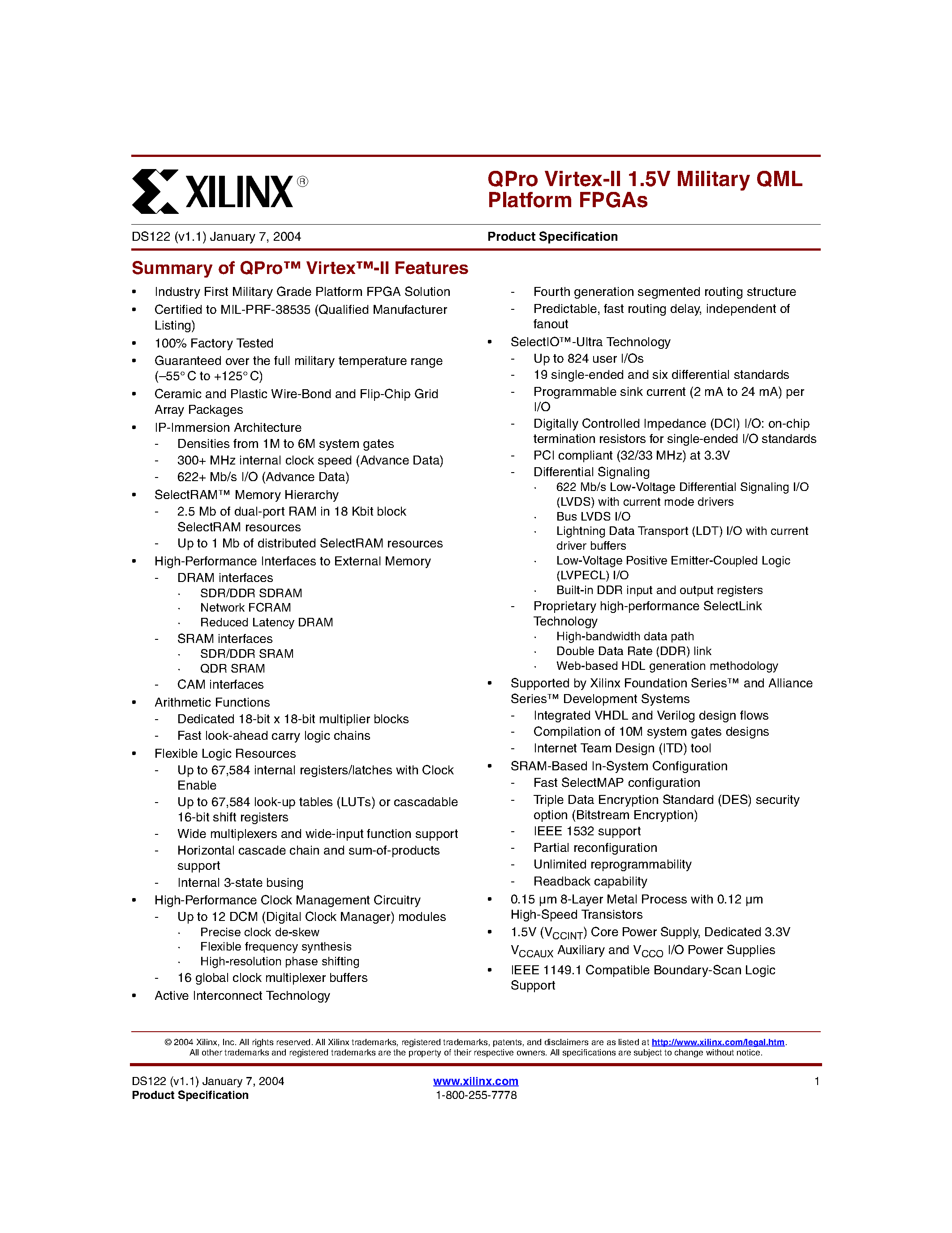 Datasheet XQ2V3000 - QPro Virtex-II 1.5V Military QML Platform FPGAs page 1