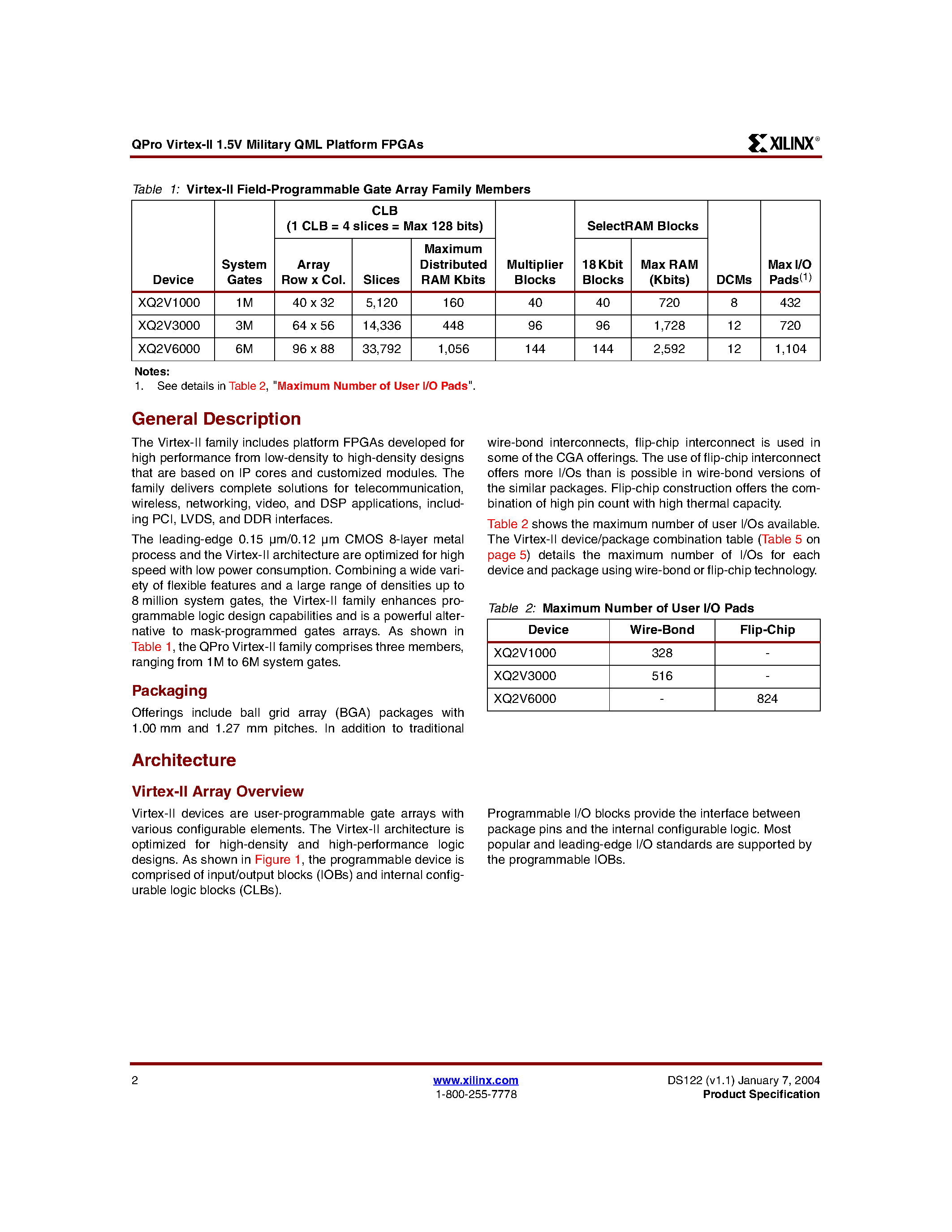 Datasheet XQ2V3000 - QPro Virtex-II 1.5V Military QML Platform FPGAs page 2