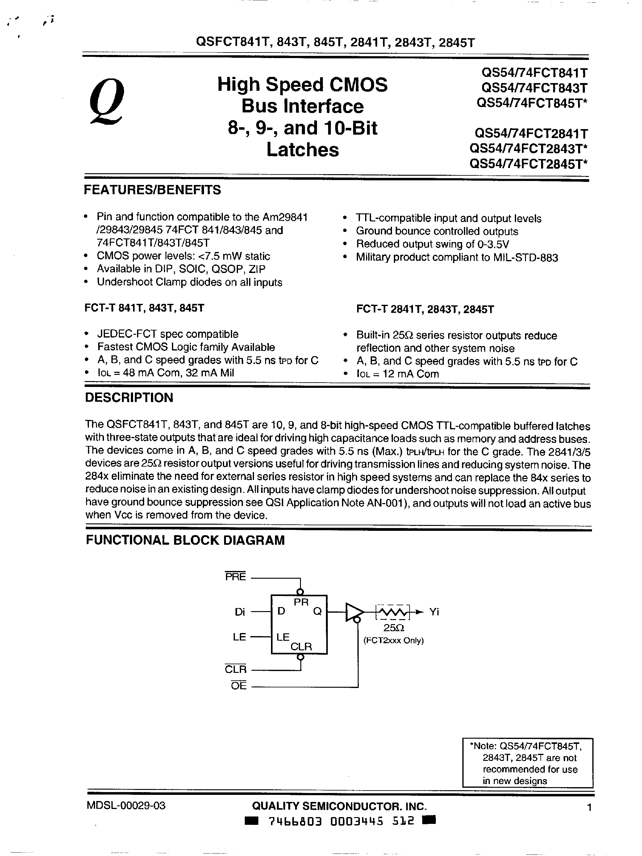Datasheet QS74FCT841T - (QS74FCT841T/QS74FCT843T/QS74FCT845T) High Speed Cmos Bus Interface 9 Bit and 10 Bit Tranceivers page 1