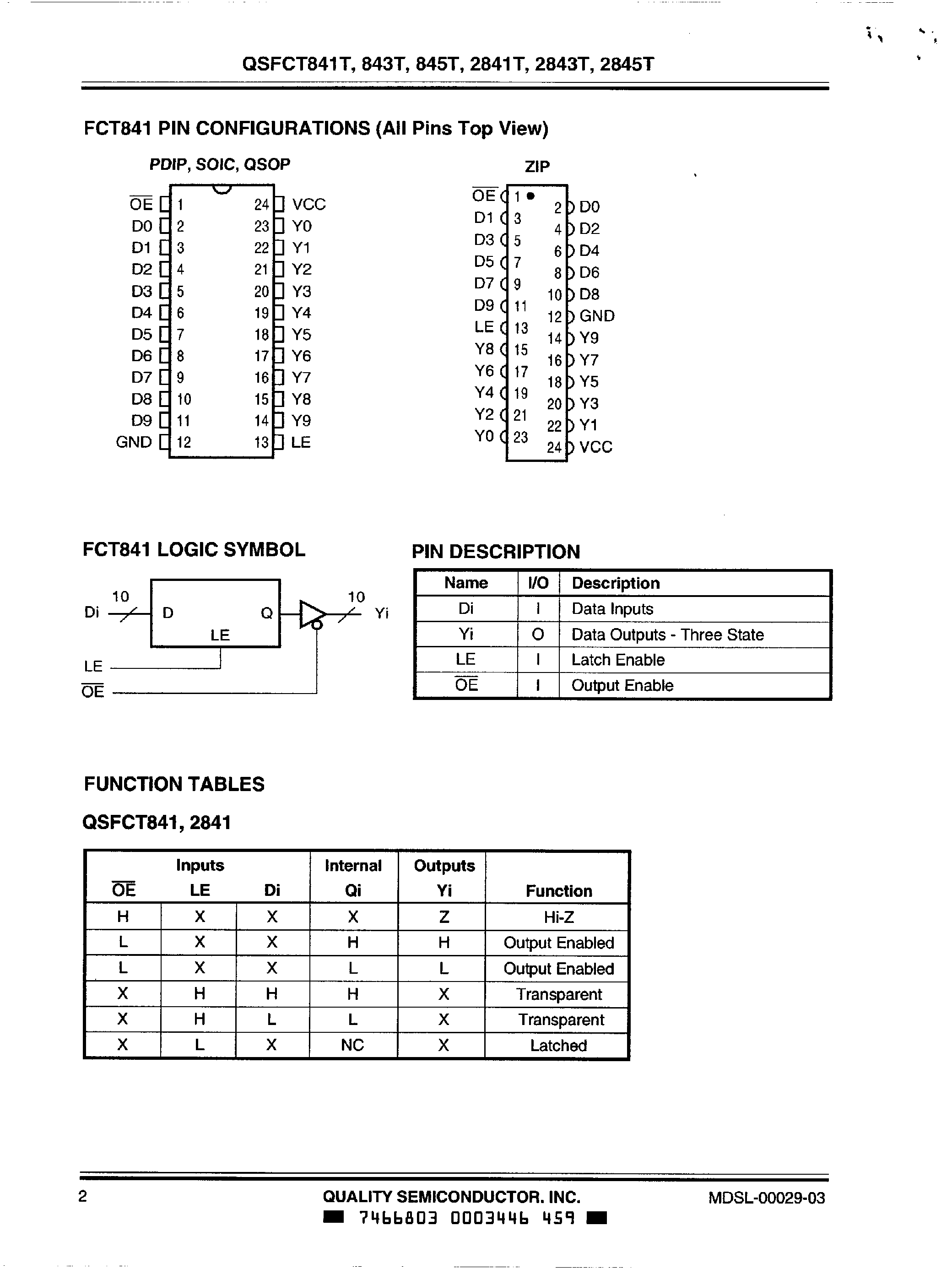 Datasheet QS74FCT841T - (QS74FCT841T/QS74FCT843T/QS74FCT845T) High Speed Cmos Bus Interface 9 Bit and 10 Bit Tranceivers page 2