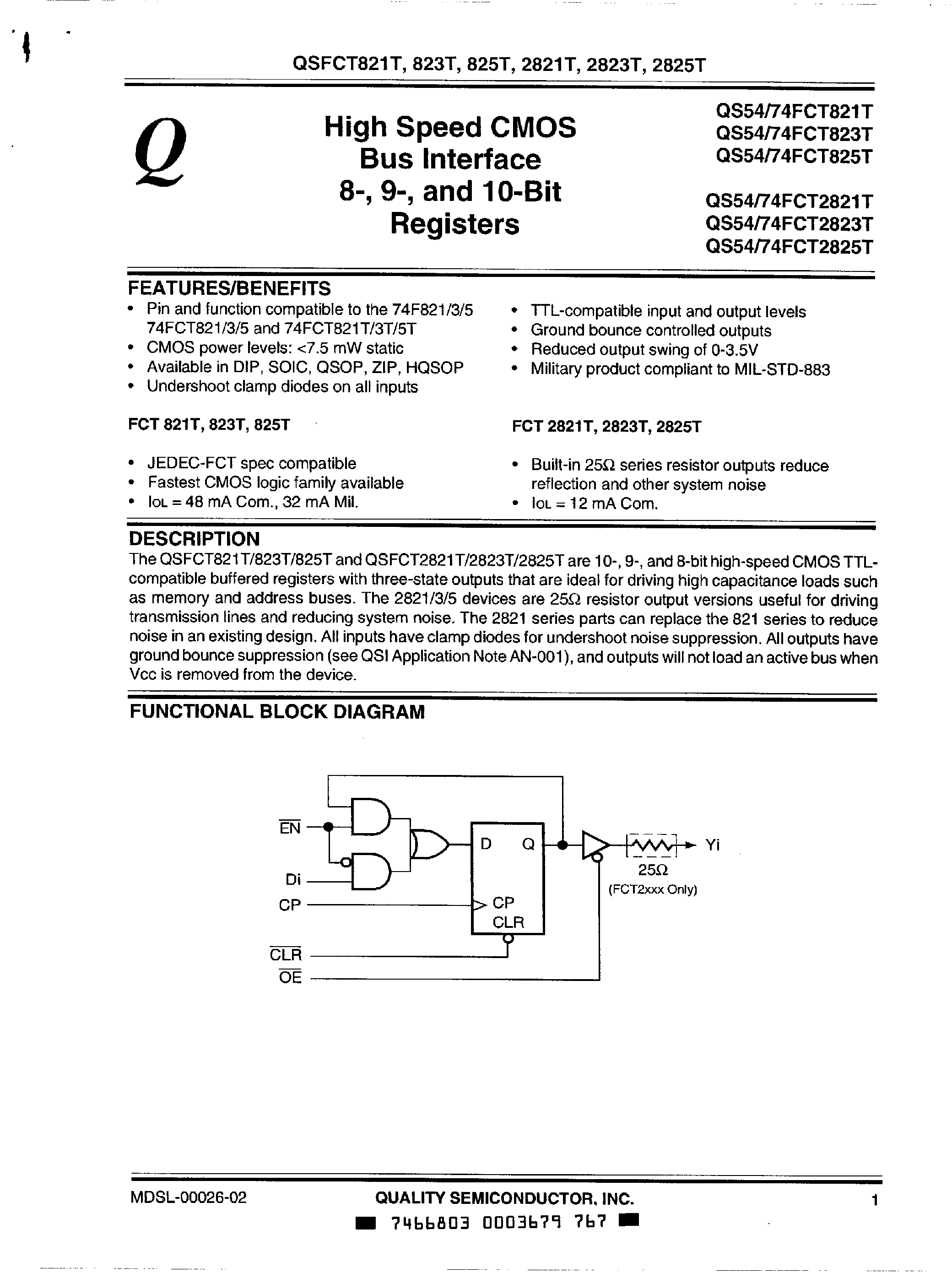 Datasheet QS74FCT821T page 1 Datasheet QS74FCT821T - (QS74FCT821T/QS74FCT823T/QS74FCT825T) High Speed Cmos Bus Interface 9 Bit and 10 Bit Tranceivers page 1