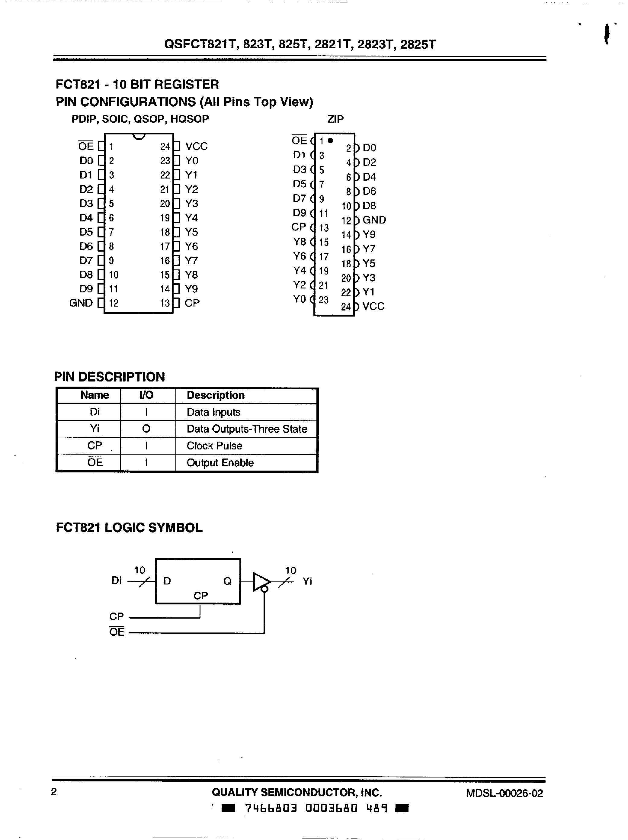 Datasheet QS74FCT821T page 2 Datasheet QS74FCT821T - (QS74FCT821T/QS74FCT823T/QS74FCT825T) High Speed Cmos Bus Interface 9 Bit and 10 Bit Tranceivers page 2