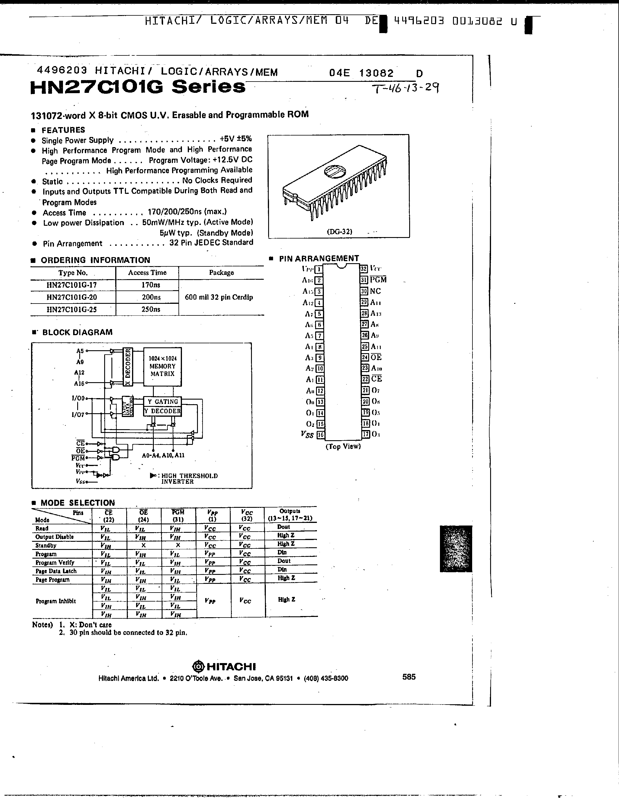 Даташит HN27C101G - 131072 word x 8 Bit CMOS UV EPROM страница 1