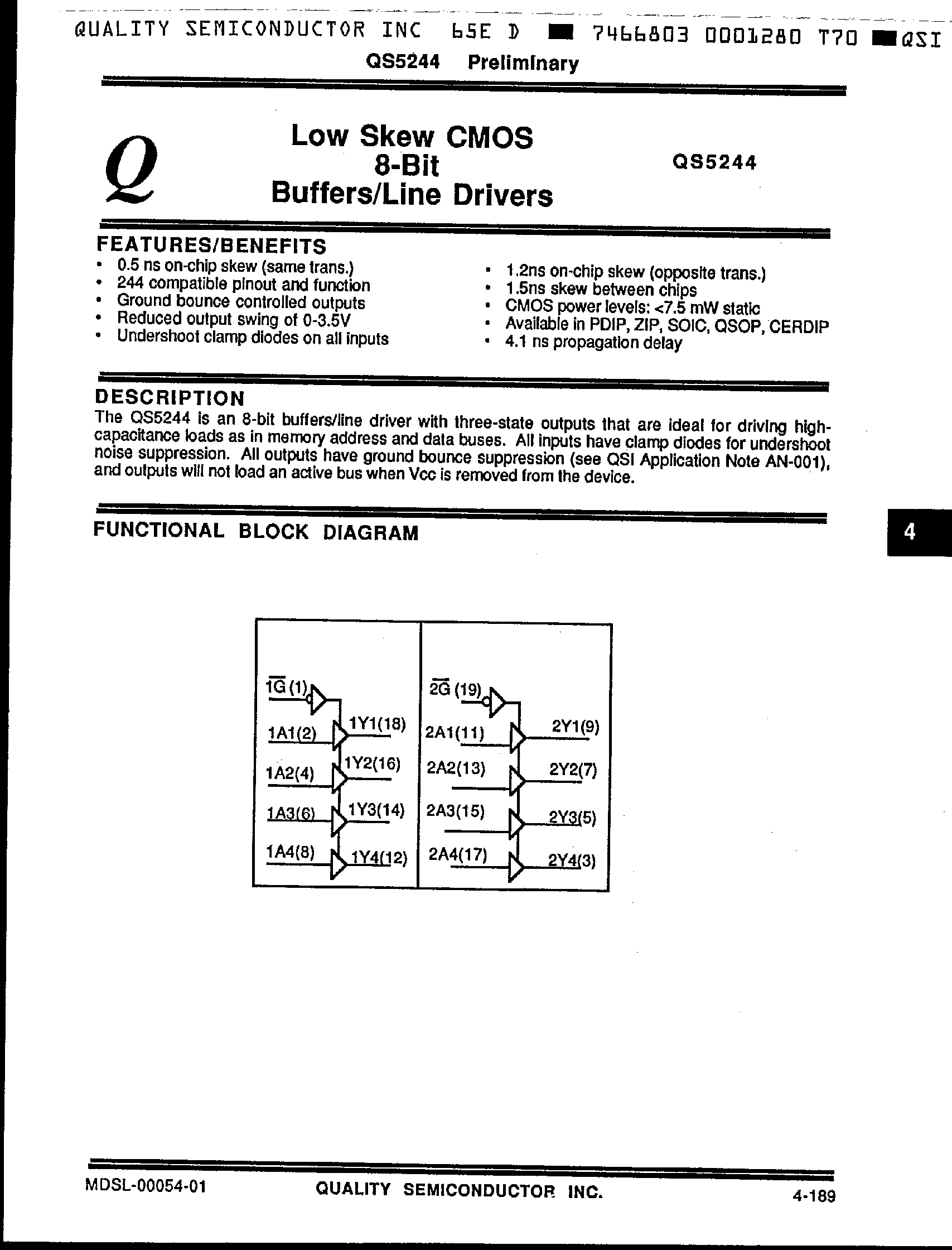 Даташит QS5244 - Low Skew CMOS 8 Bit Buffer / Line Drivers страница 1