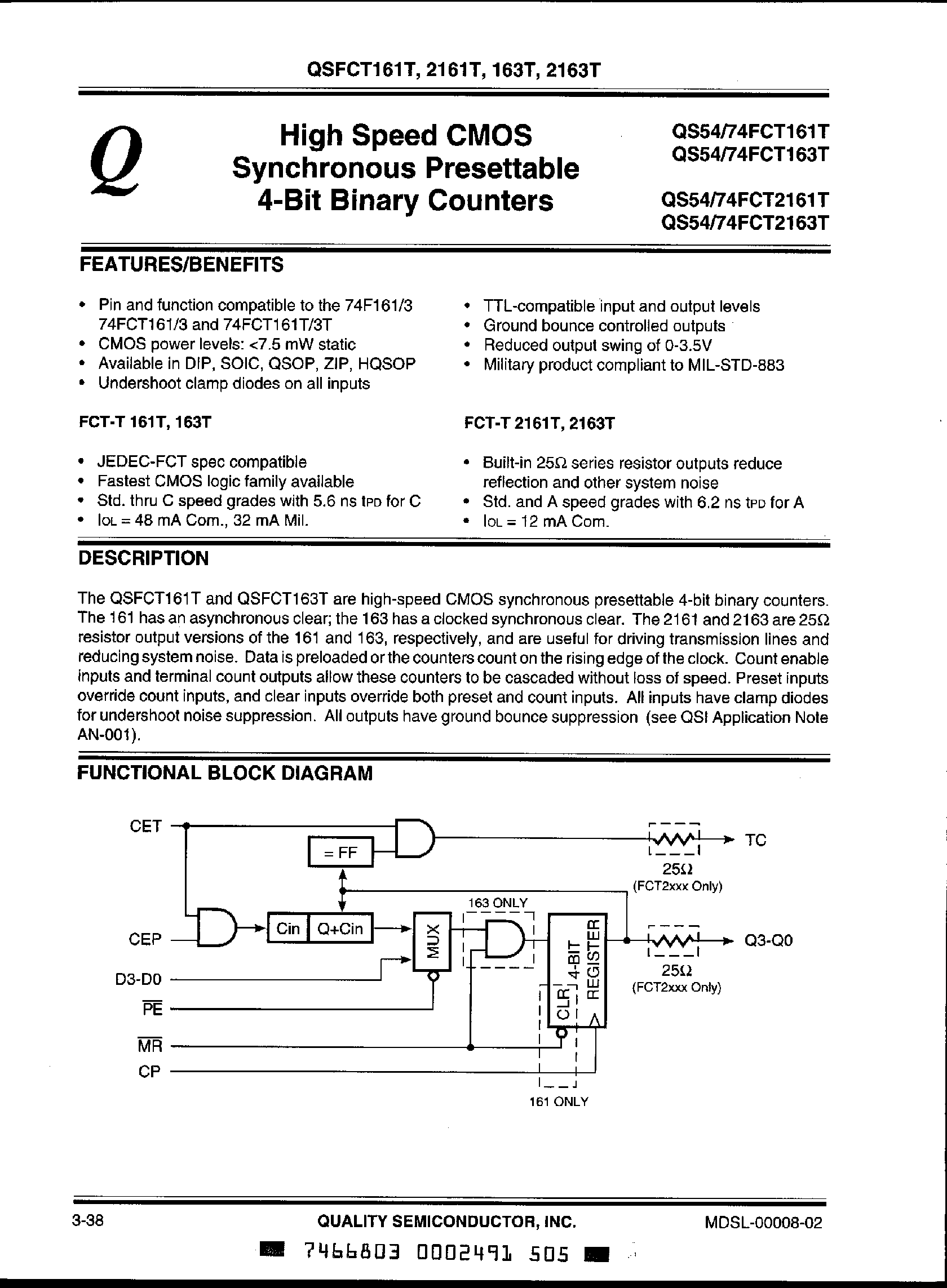 Datasheet QS74FCT161T - (QS74FCT163T) High Speed CMOS Synchronous Presettable 4 Bit Binary Counters page 1