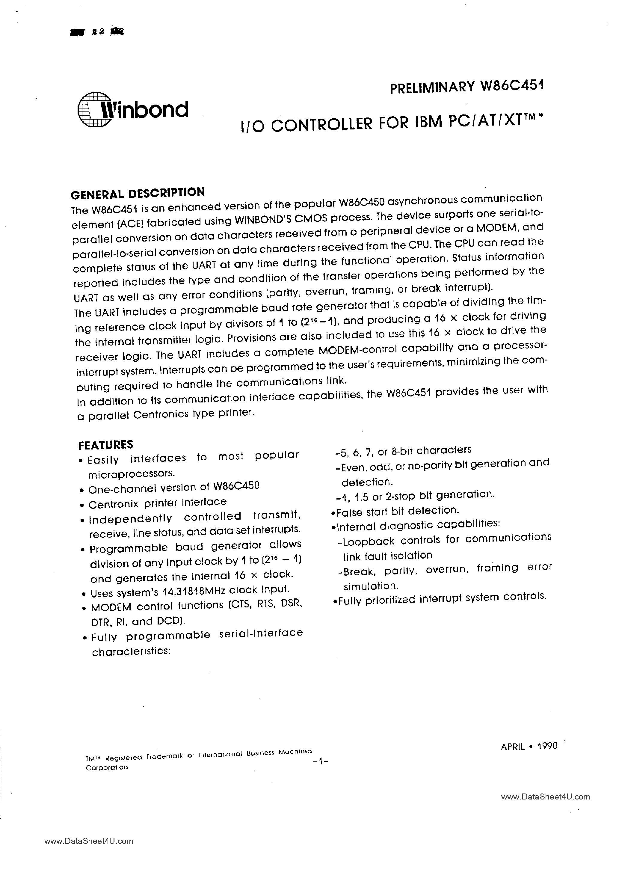 Datasheet W86C451 page 1 Datasheet W86C451 - I/O Controller for IBM PC page 1