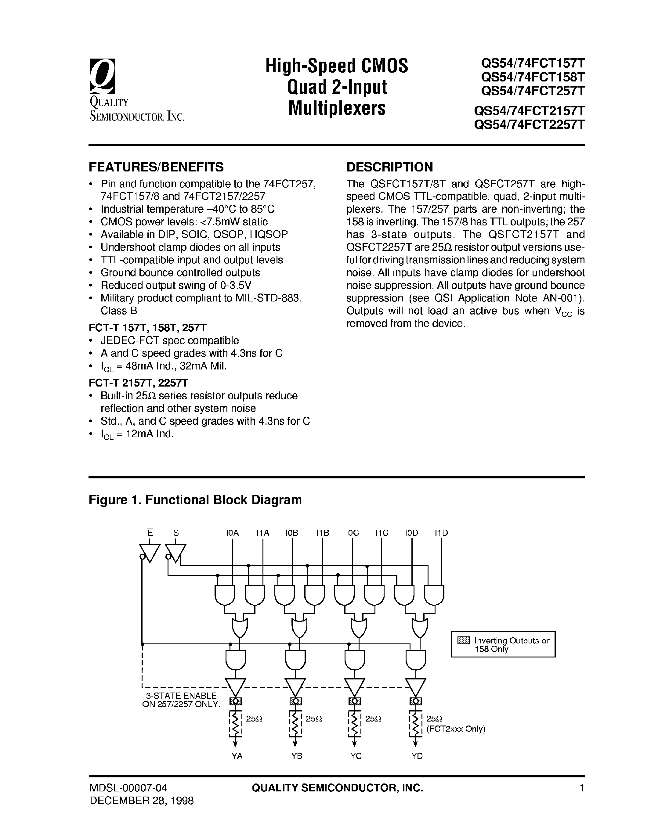 Datasheet QS74FCT257T - (QS74FCT157T/QS74FCT158T) High Speed CMOS Quad 2 Input Multiplexers page 1