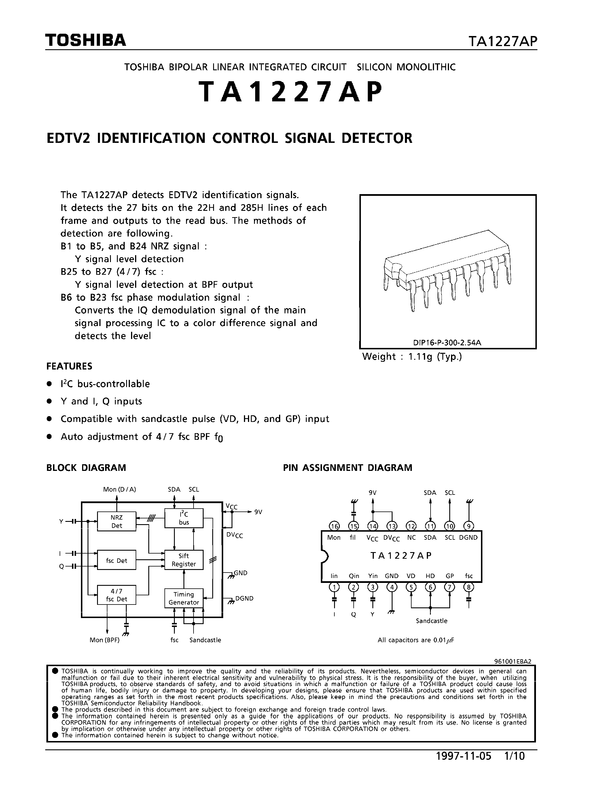 Даташит на микросхему TA1227AP страница 1 Даташит TA1227AP - EDTV2 IDENTIFICATION CONTROL SIGNAL DETECTOR страница 1