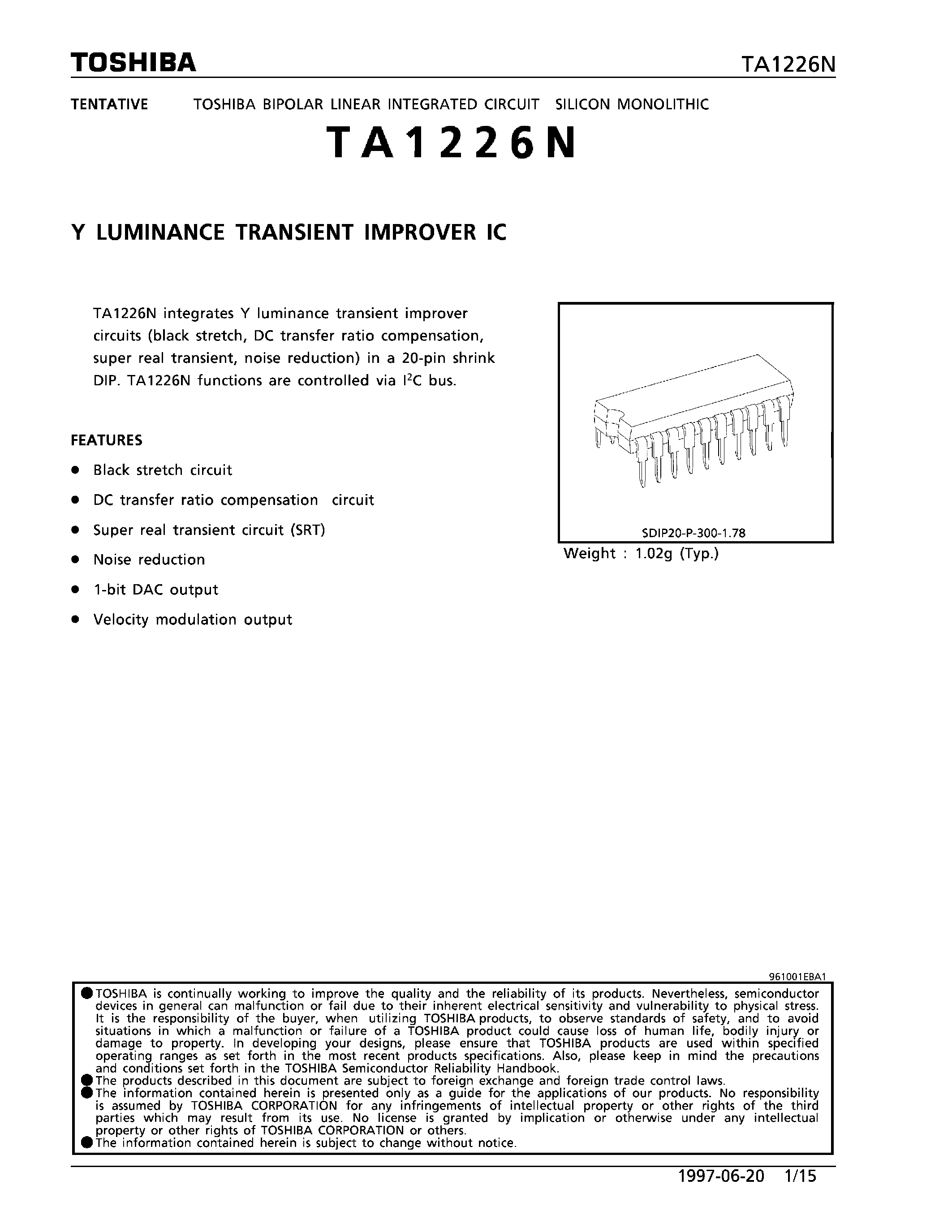 Даташит TA1226N - Y LUMINANCE TRANSIENT IMPROVER IC страница 1