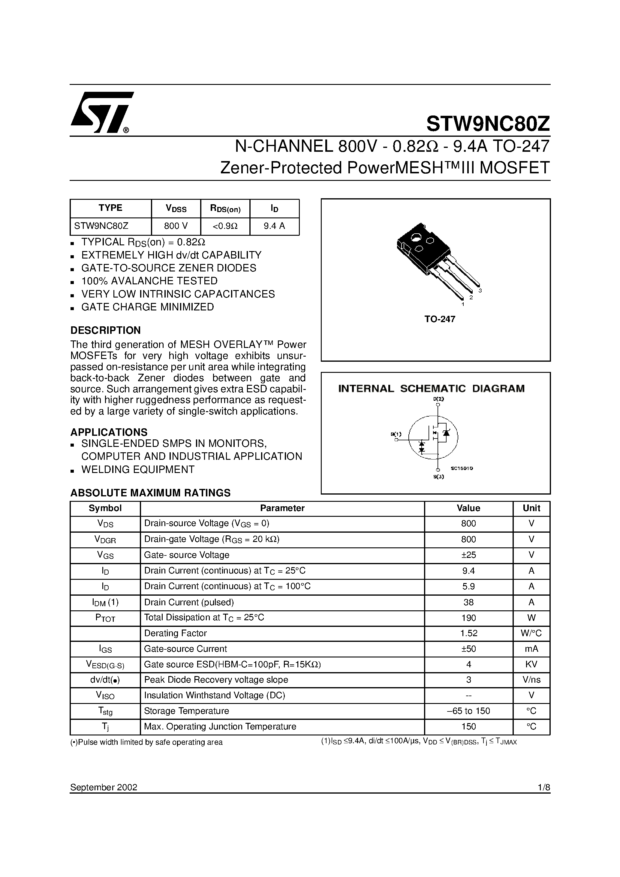Datasheet STW9NC80Z page 1 Datasheet STW9NC80Z - N-CHANNEL 800V - 0.82ohm page 1