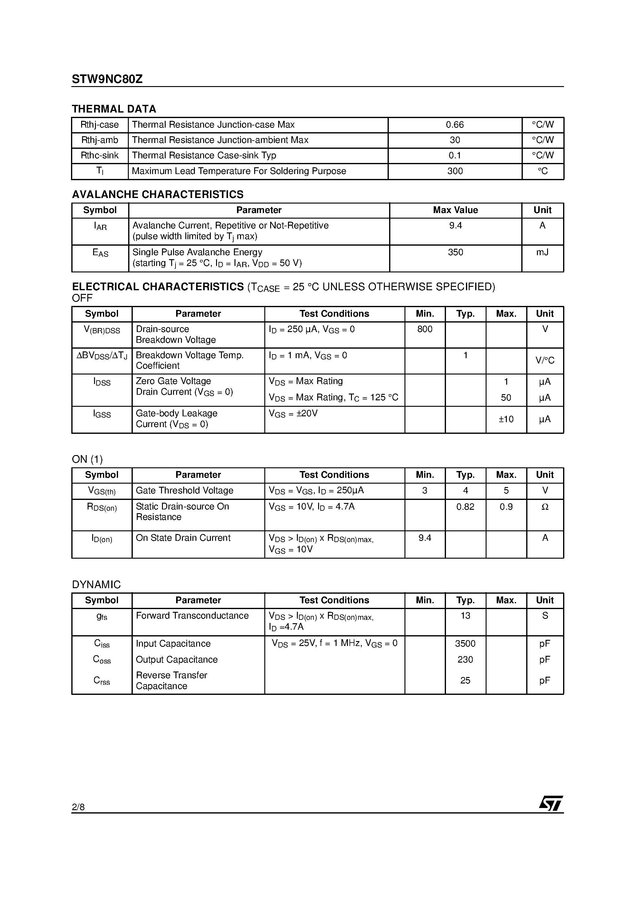 Datasheet STW9NC80Z page 2 Datasheet STW9NC80Z - N-CHANNEL 800V - 0.82ohm page 2
