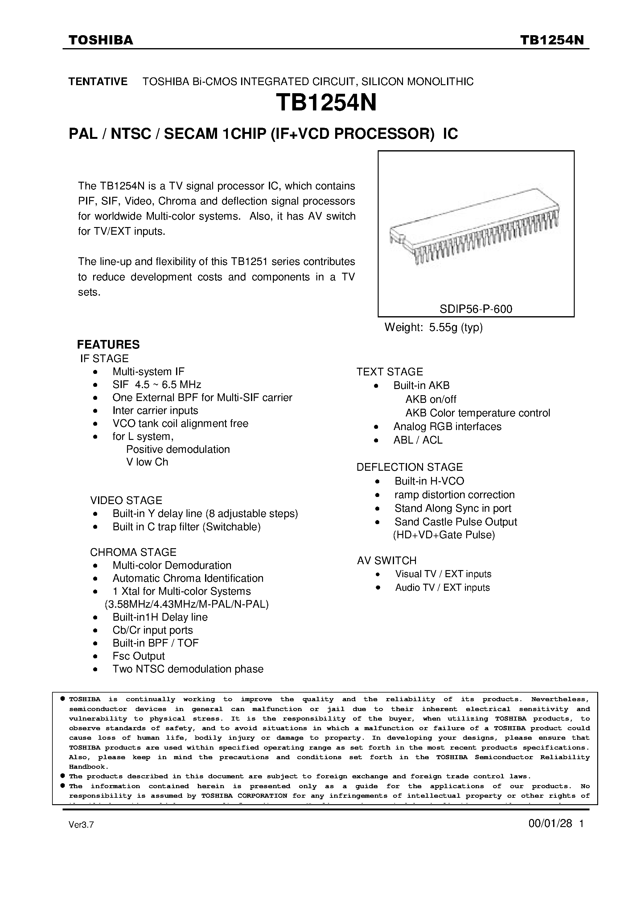Даташит на микросхему TB1254N страница 1 Даташит TB1254N - PAL / NTSC / SECAM 1 Chip IC страница 1