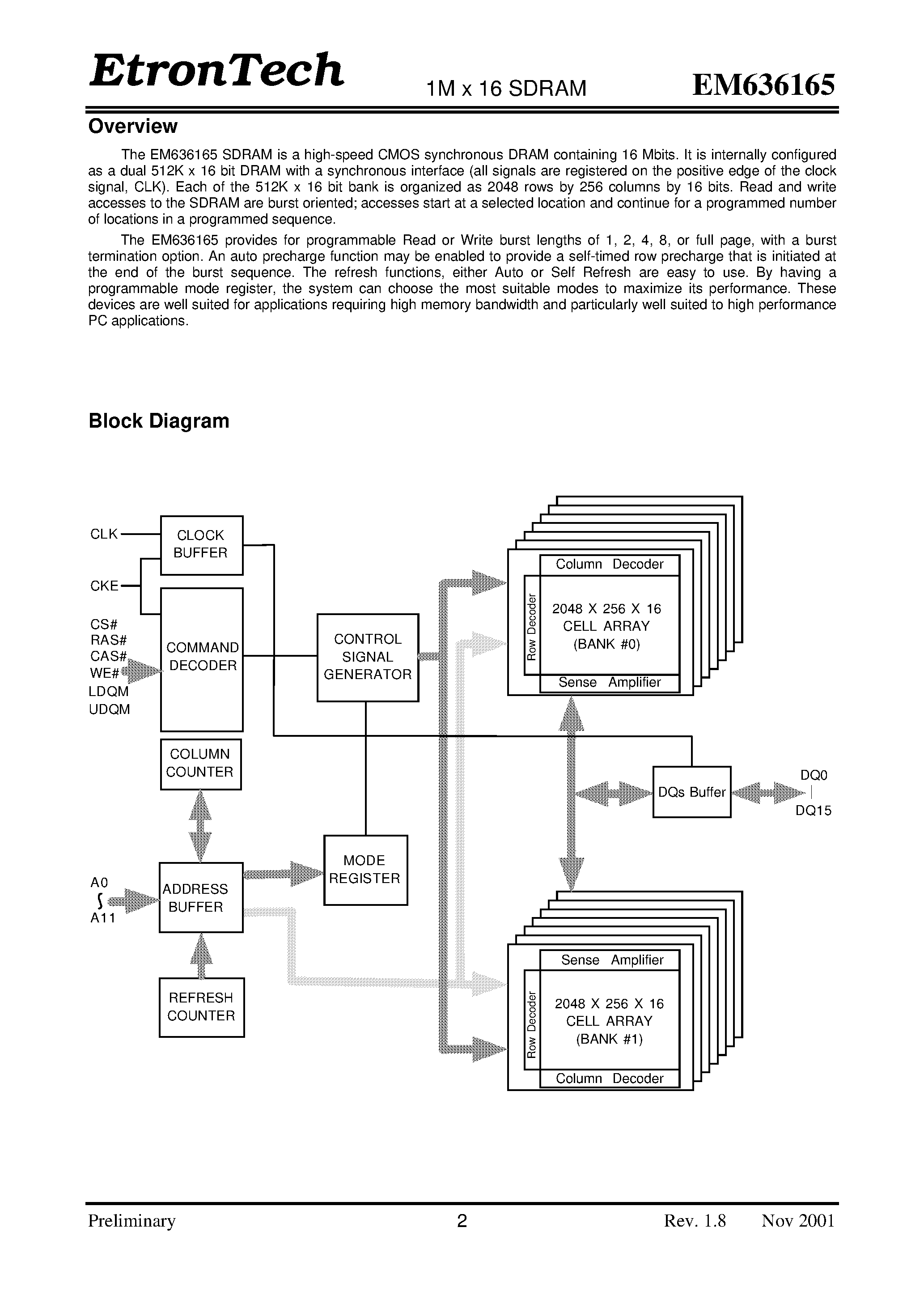 Даташит на микросхему EM636165TS страница 2 Даташит EM636165TS - 1M x 16 Synchronous DRAM страница 2