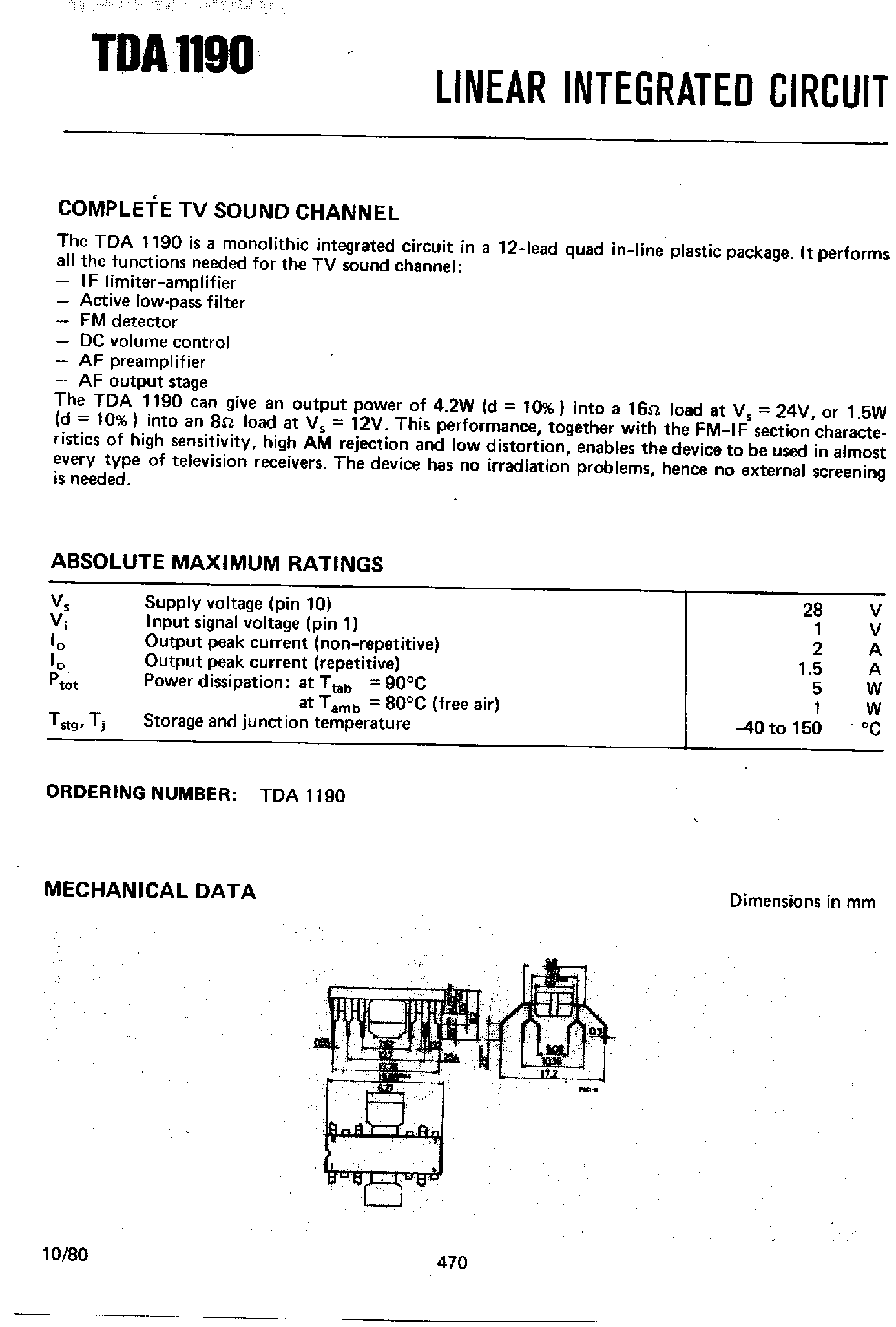 Datasheet TDA1190 page 1 Datasheet TDA1190 - TV Sound System page 1