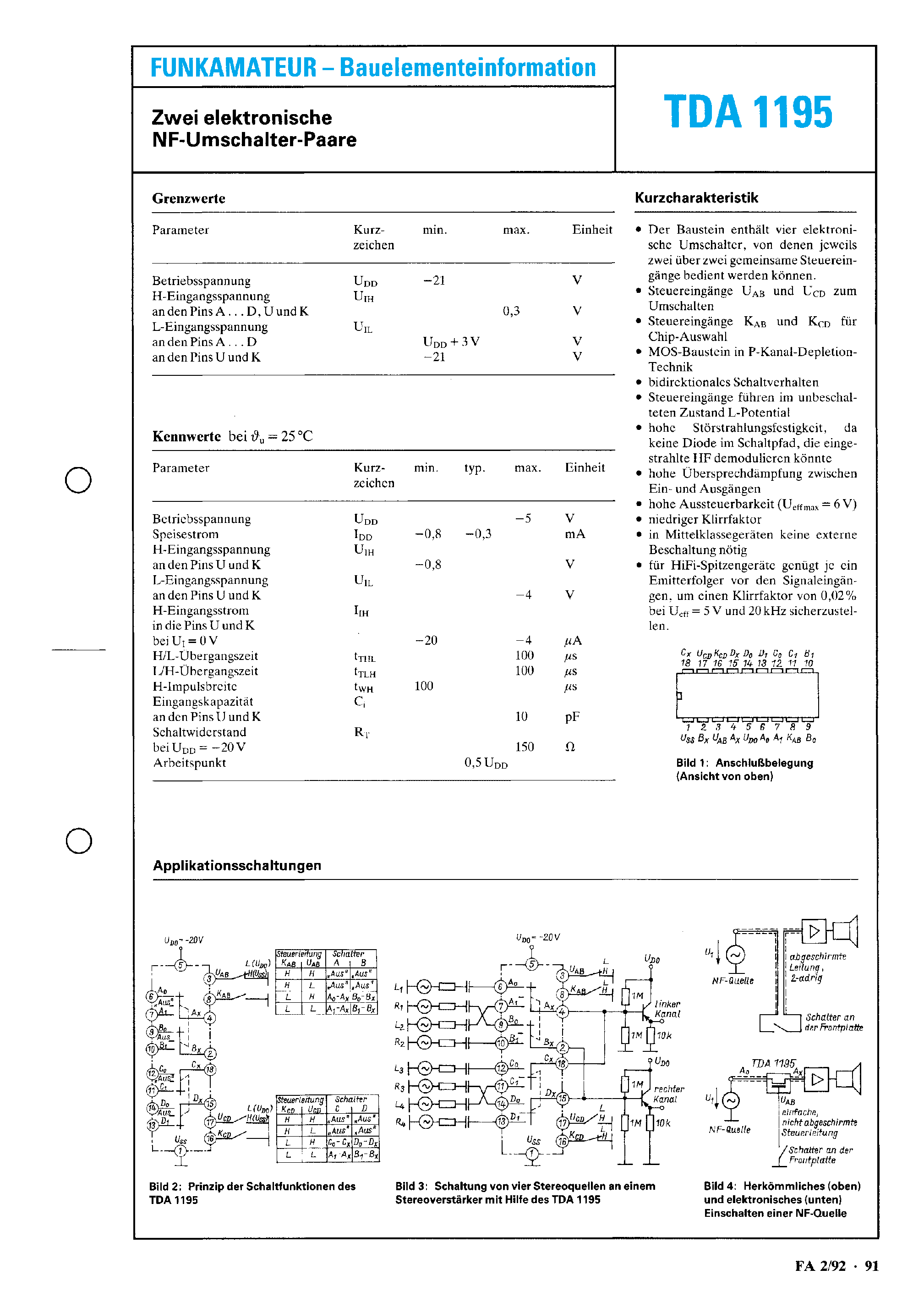 Даташит на микросхему TDA1195 страница 1 Даташит TDA1195 - NF Umschalter - Paare страница 1