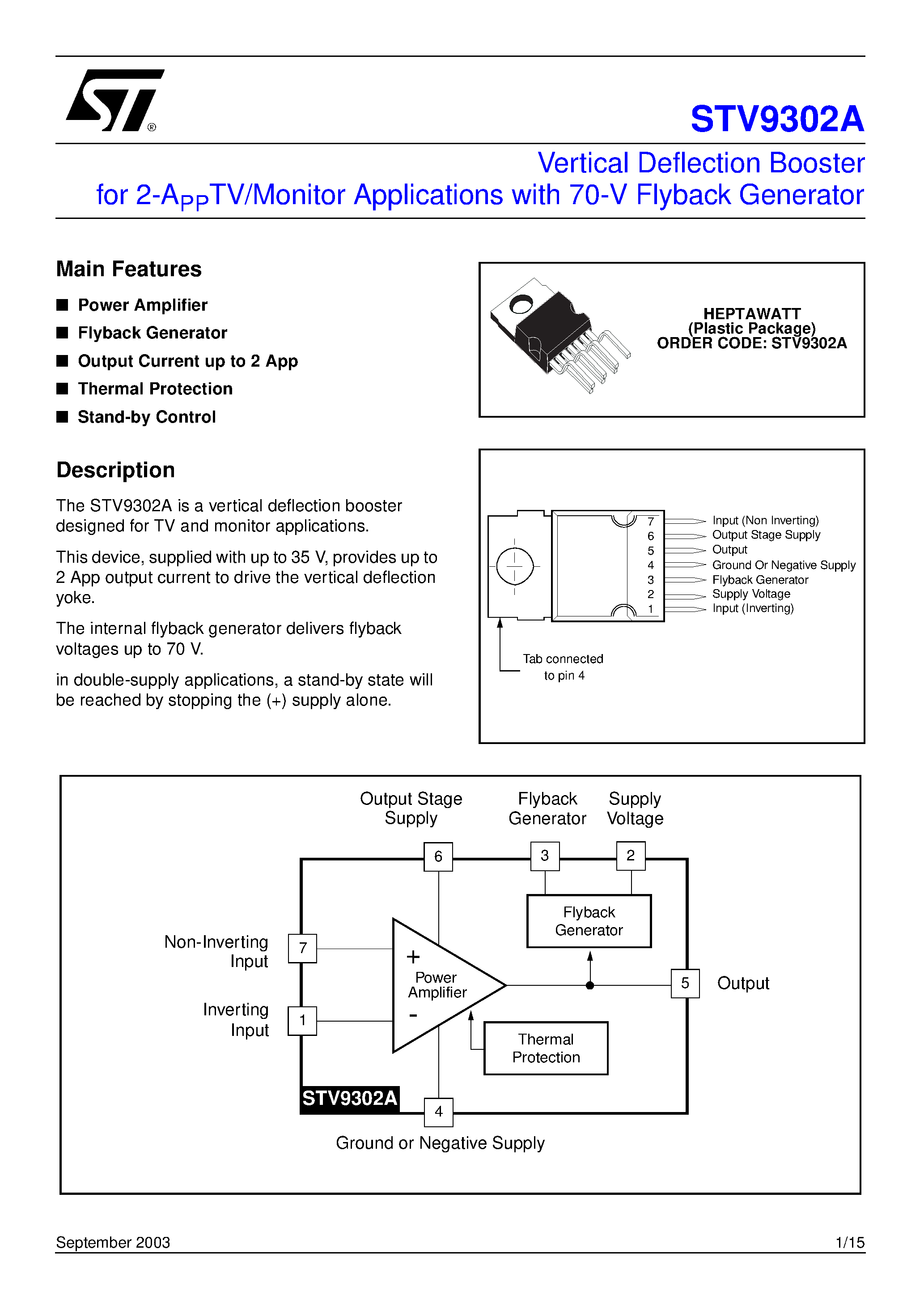 Даташит на микросхему STV9302A страница 1 Даташит STV9302A - VERTICAL DEFLECTION OUTPUT FOR MONITOR / TV 2 App / 60 V WITH FLYBACK GENERATOR страница 1