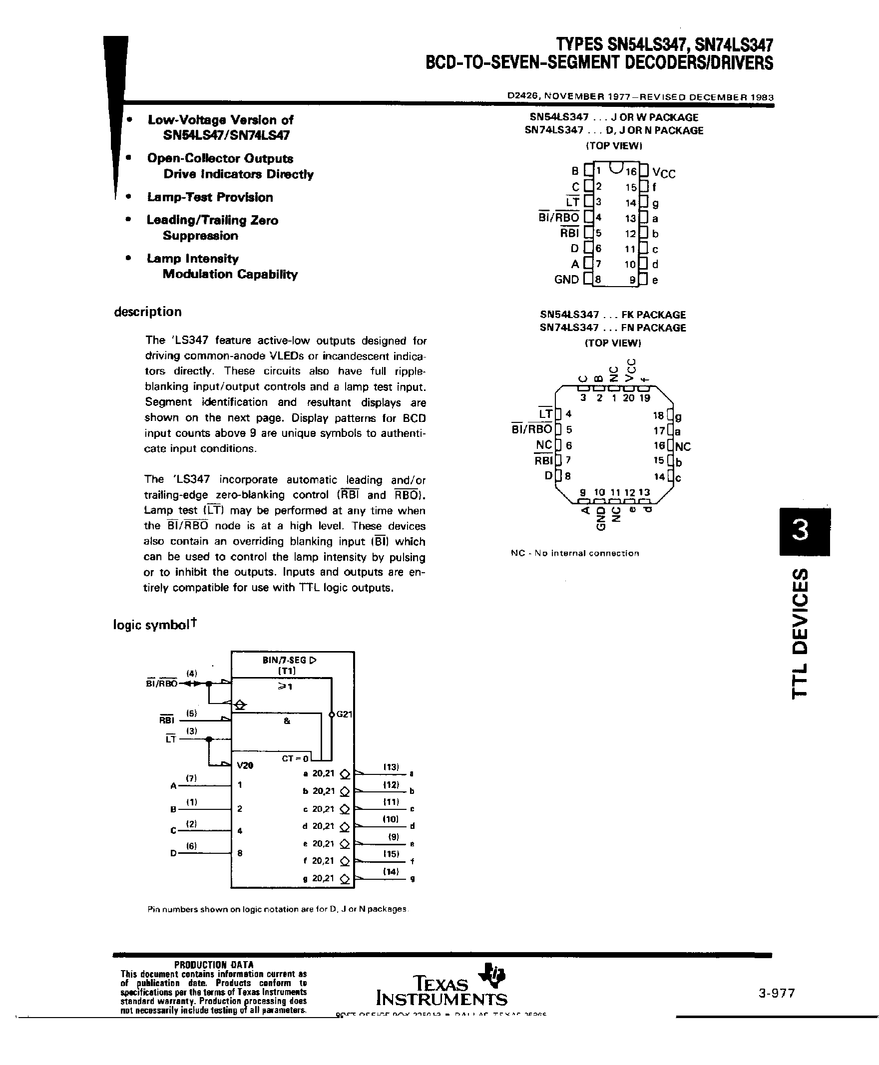 Даташит SN74LS347 - BCD To 7 Segment Decoder / Driver страница 1