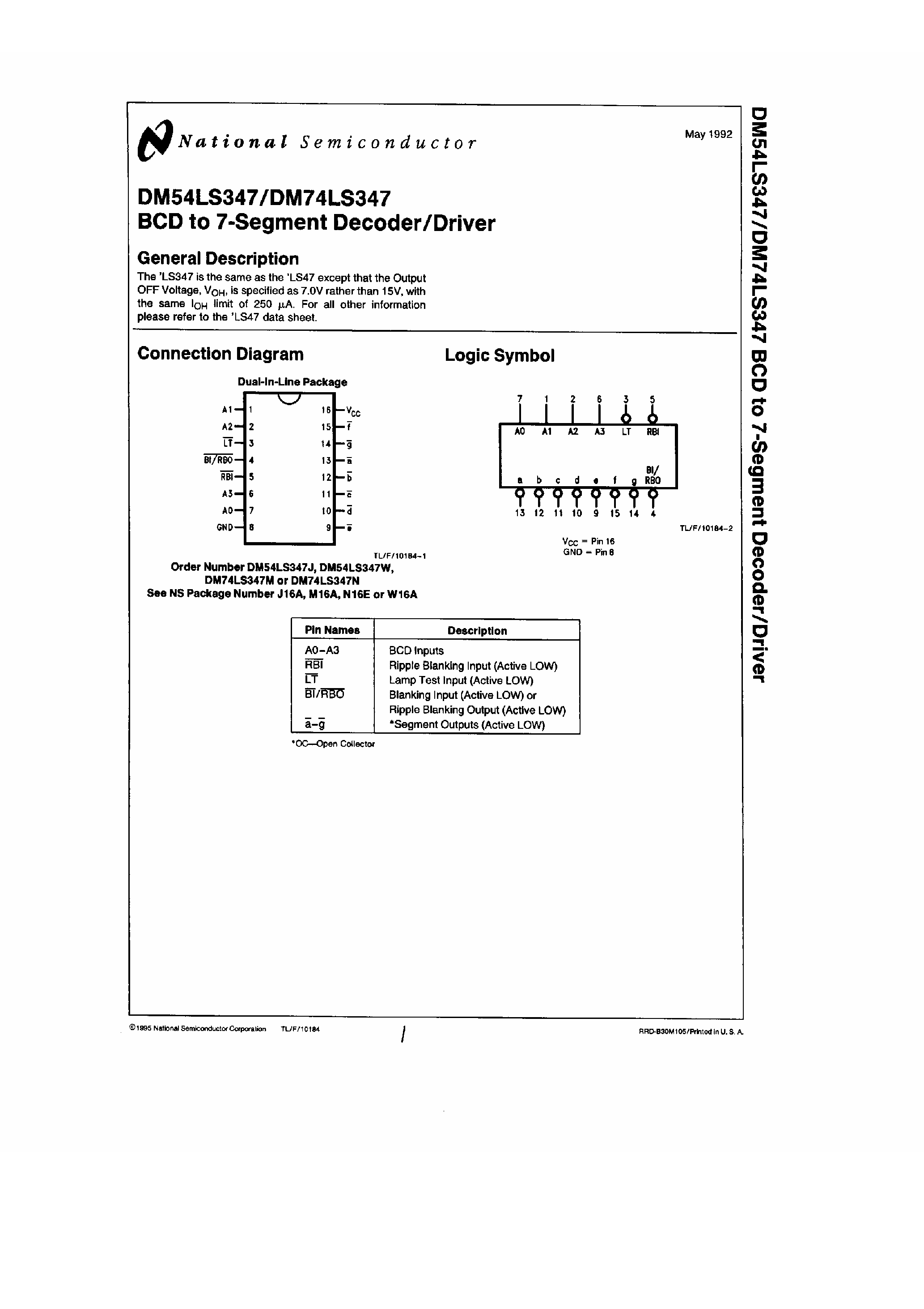 Даташит DM74LS347 - BCD To 7 Segment Decoder / Driver страница 1