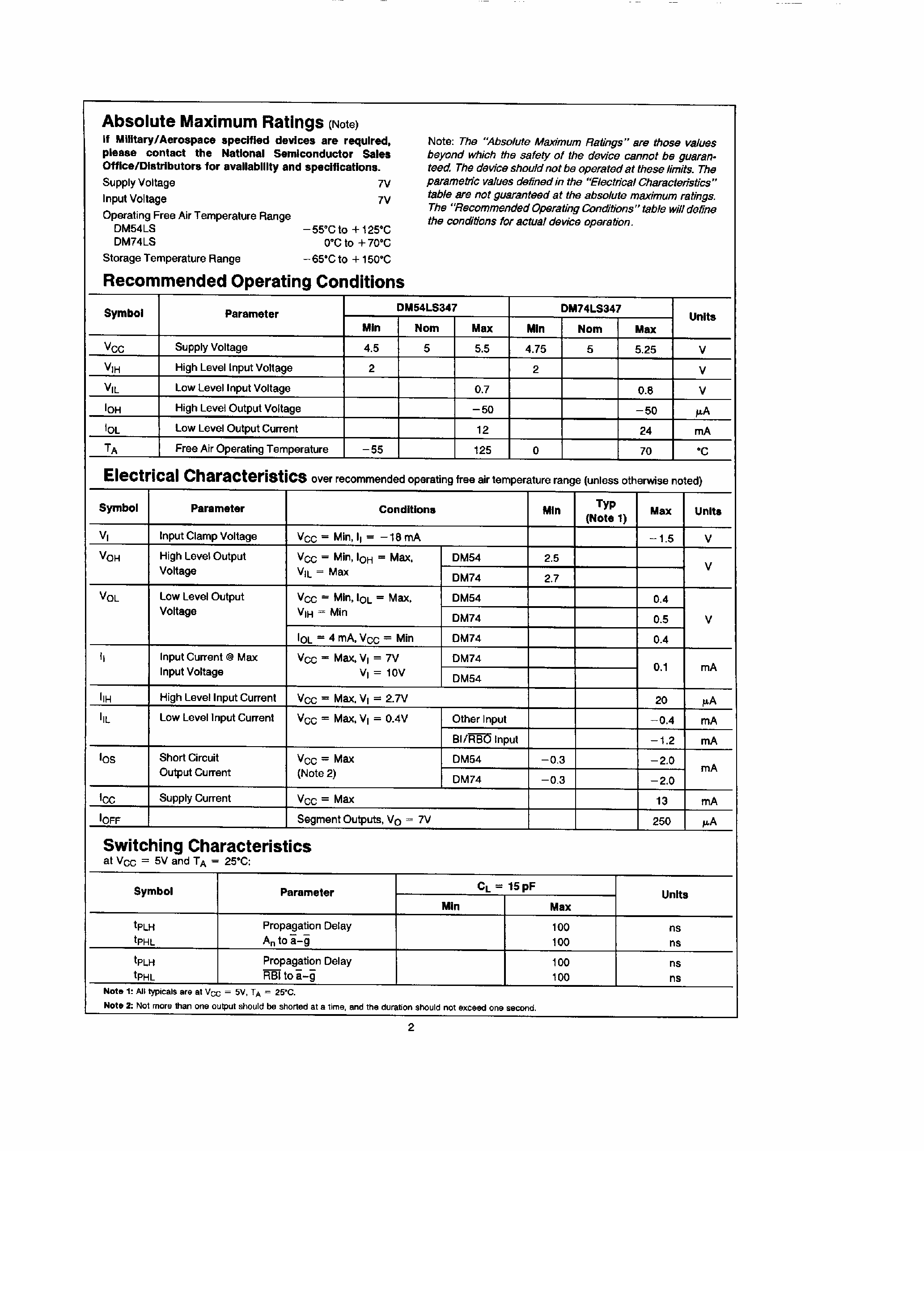 Datasheet DM74LS347 page 2 Datasheet DM74LS347 - BCD To 7 Segment Decoder / Driver page 2