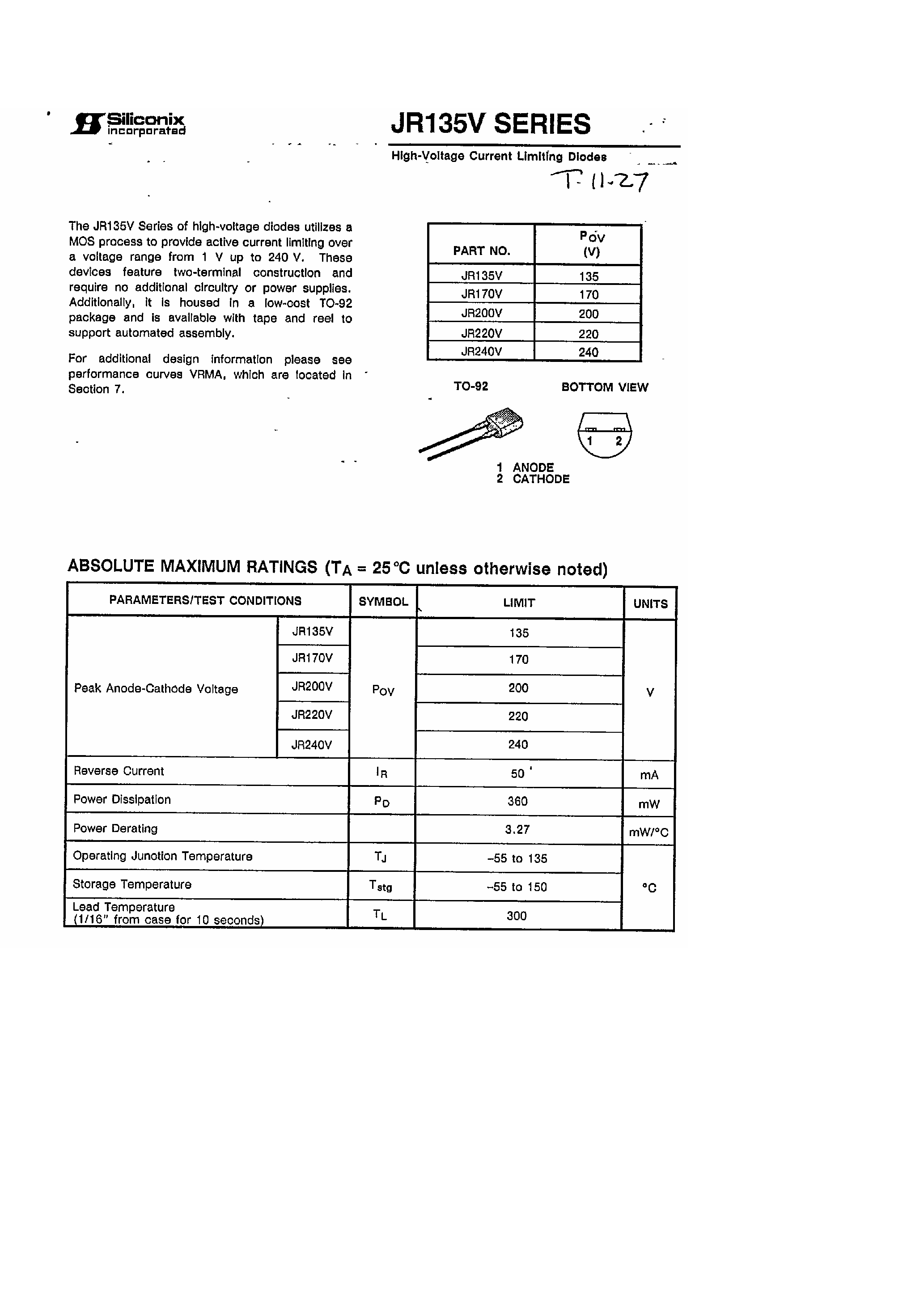 Даташит на микросхему JR220V страница 1 Даташит JR220V - (JR135V Series) High Voltage Current Limiting Diodes страница 1