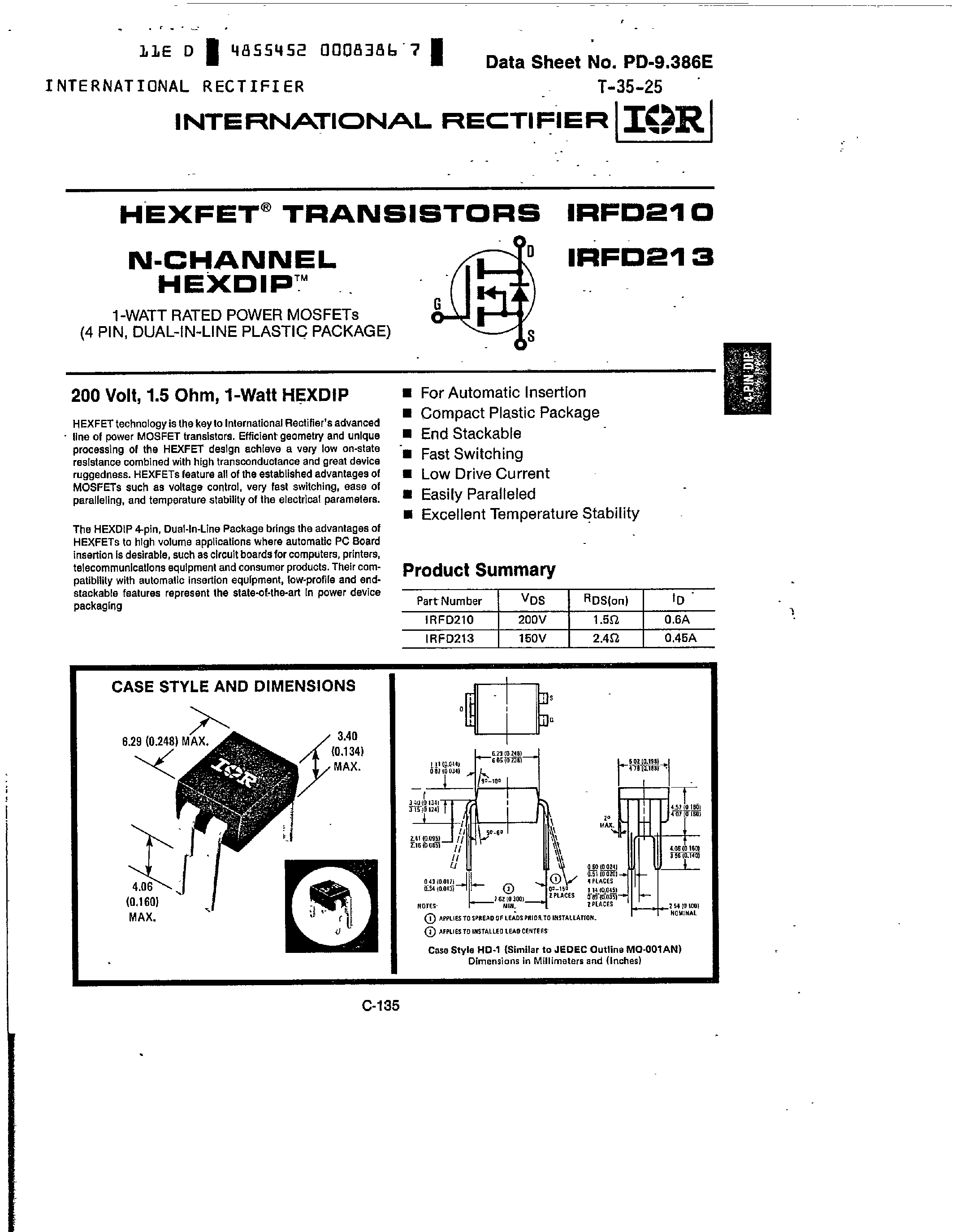 Datasheet IRFD213 page 1 Datasheet IRFD213 - (IRFD210) Hexfet Transistors N Channel Hexdip page 1