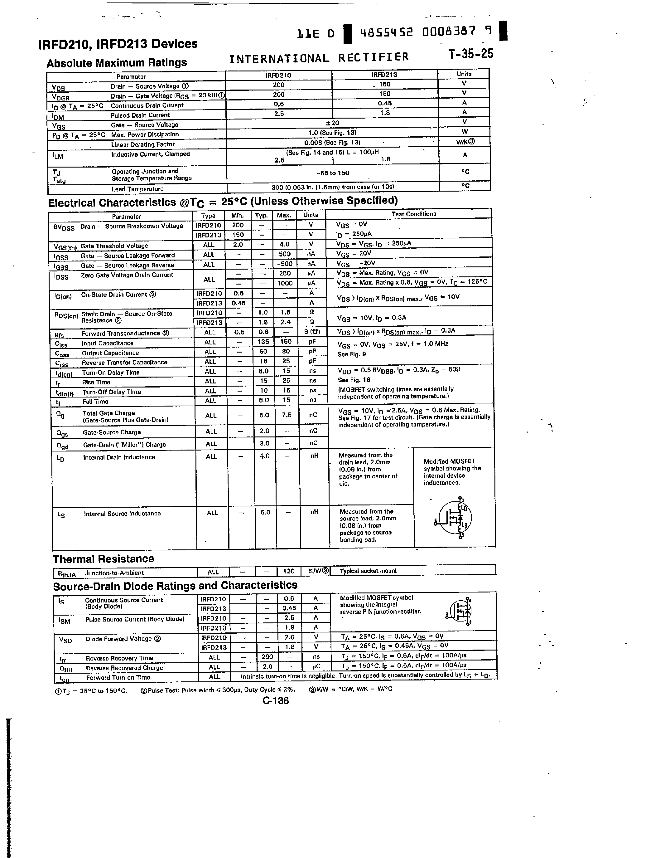 Datasheet IRFD213 page 2 Datasheet IRFD213 - (IRFD210) Hexfet Transistors N Channel Hexdip page 2