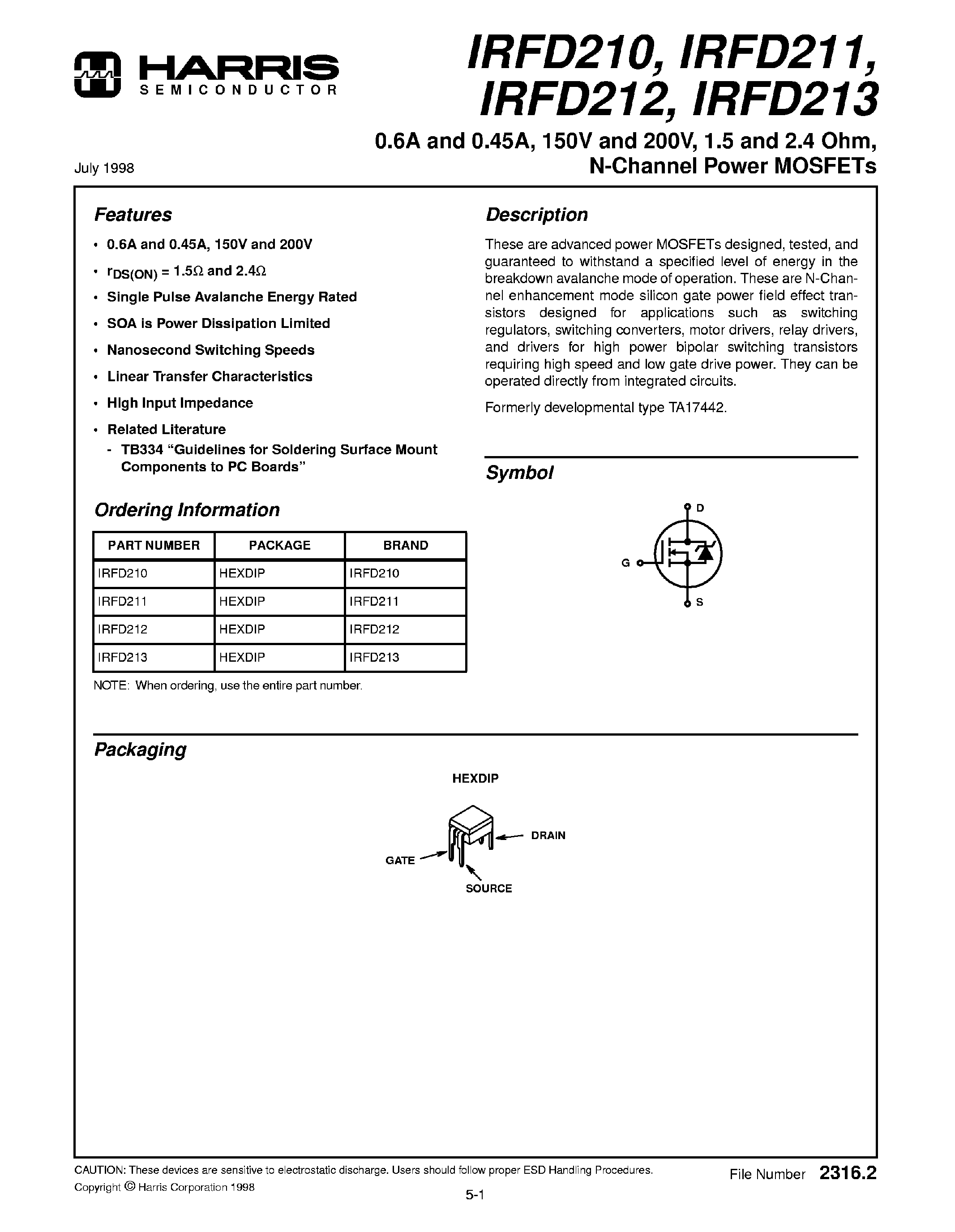 Datasheet IRFD213 page 1 Datasheet IRFD213 - (IRFD210 - IRFD213) N Channel Power MOSFETs page 1