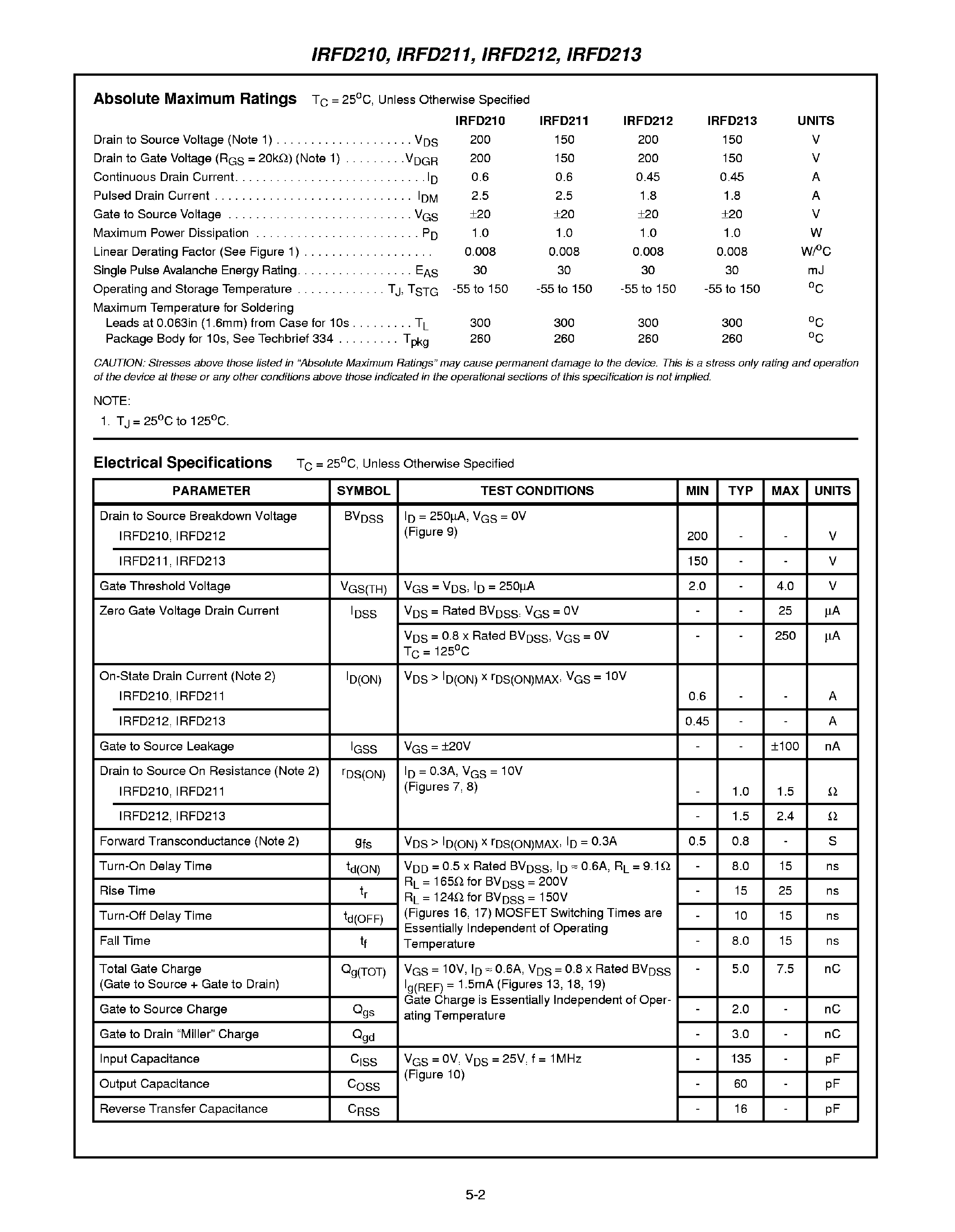 Datasheet IRFD213 page 2 Datasheet IRFD213 - (IRFD210 - IRFD213) N Channel Power MOSFETs page 2