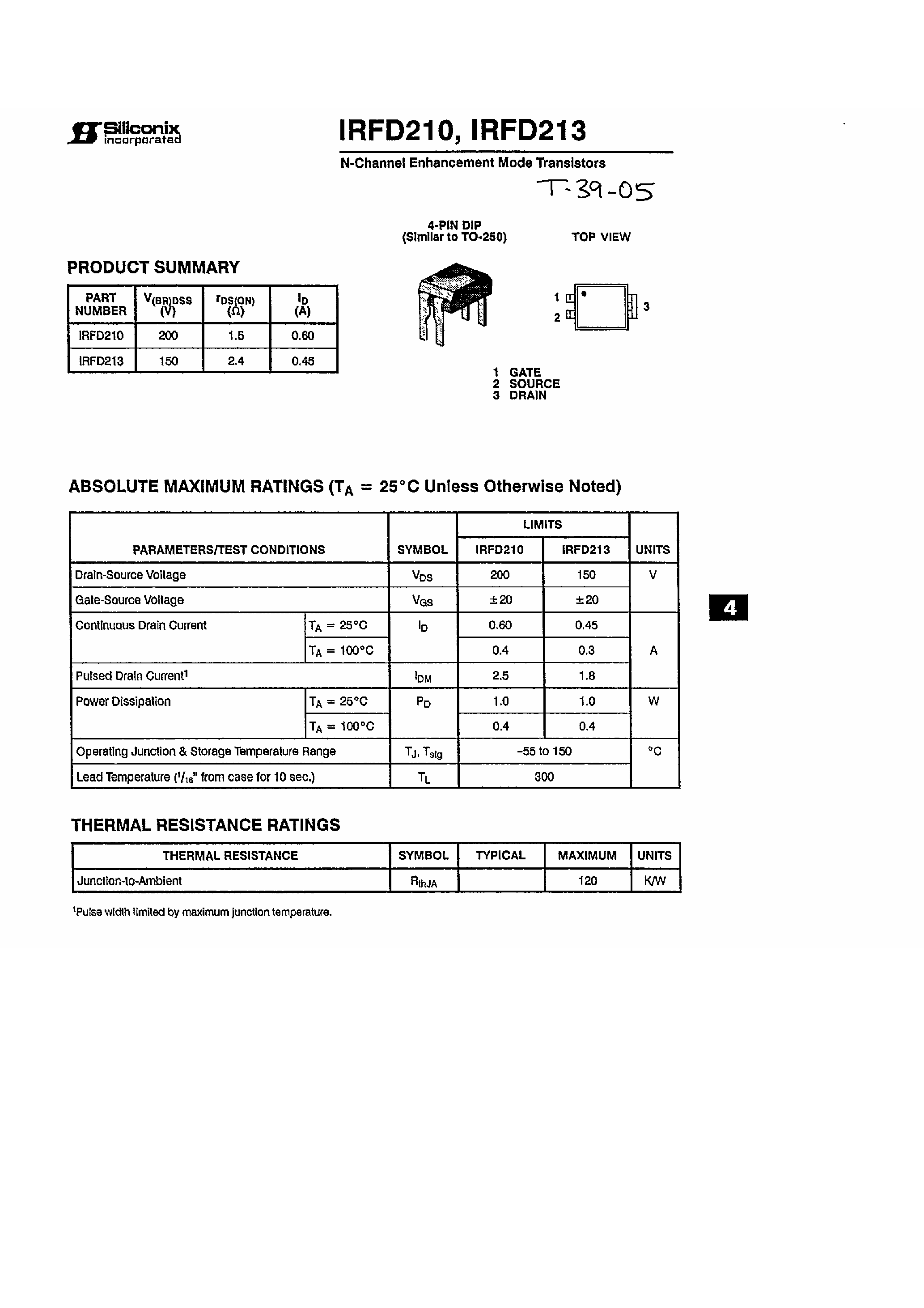Datasheet IRFD213 page 1 Datasheet IRFD213 - (IRFD210) N Channel Enhancement Mode Transistors page 1