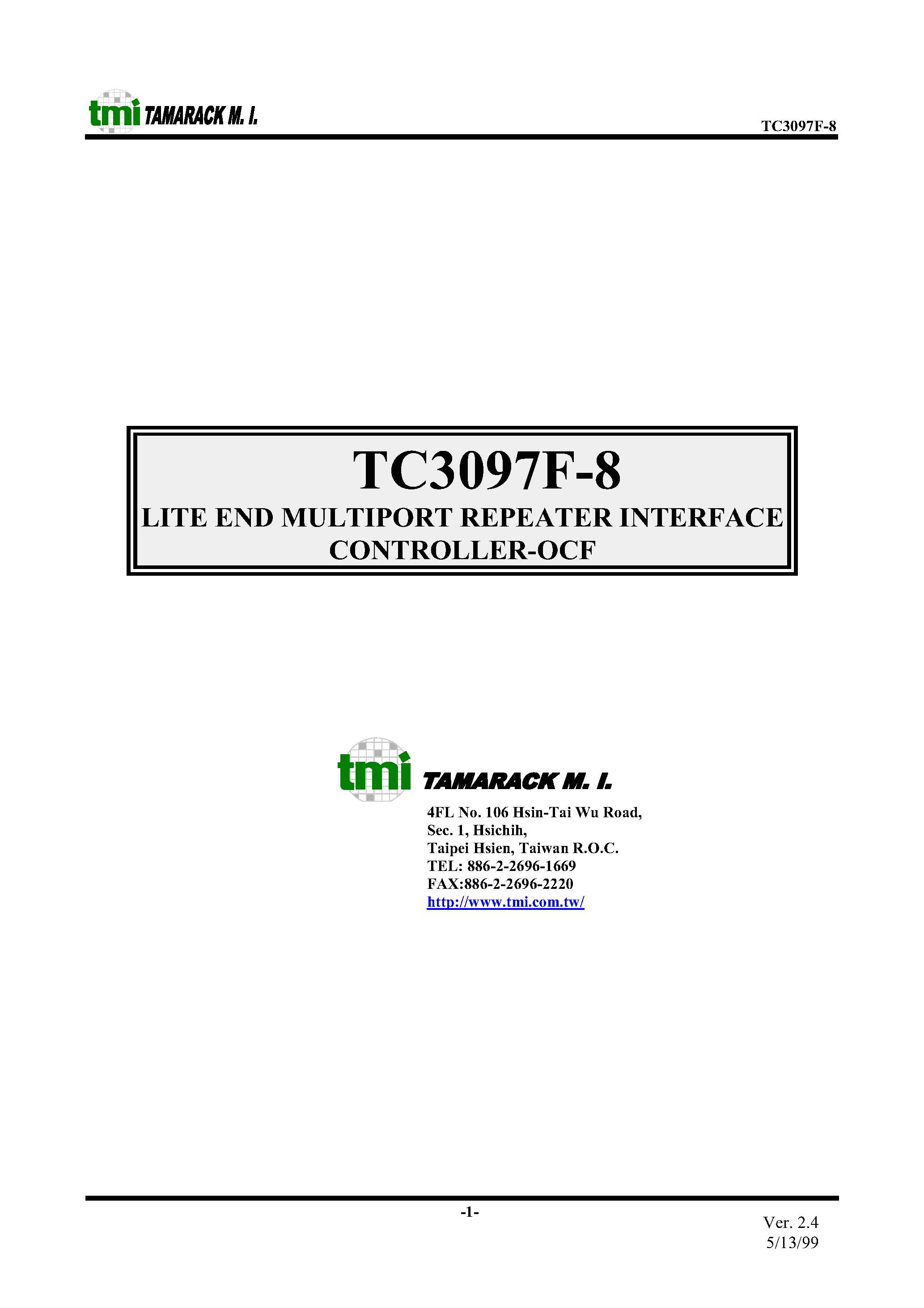 Datasheet TC3097F-8 page 1 Datasheet TC3097F-8 - LITE END MULTIPORT REPEATER INTERFACE CONTROLLER - OCF page 1