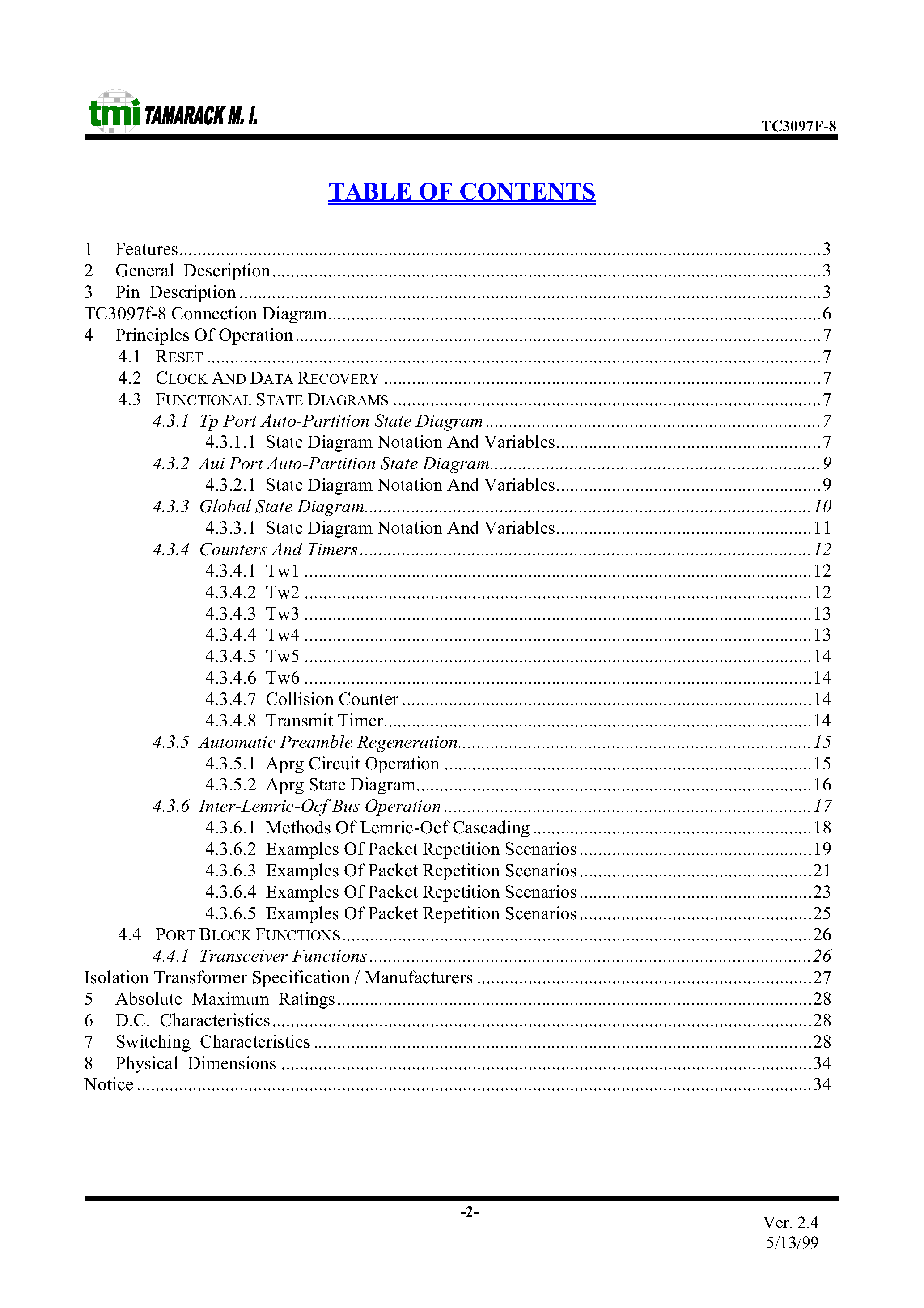 Datasheet TC3097F-8 page 2 Datasheet TC3097F-8 - LITE END MULTIPORT REPEATER INTERFACE CONTROLLER - OCF page 2