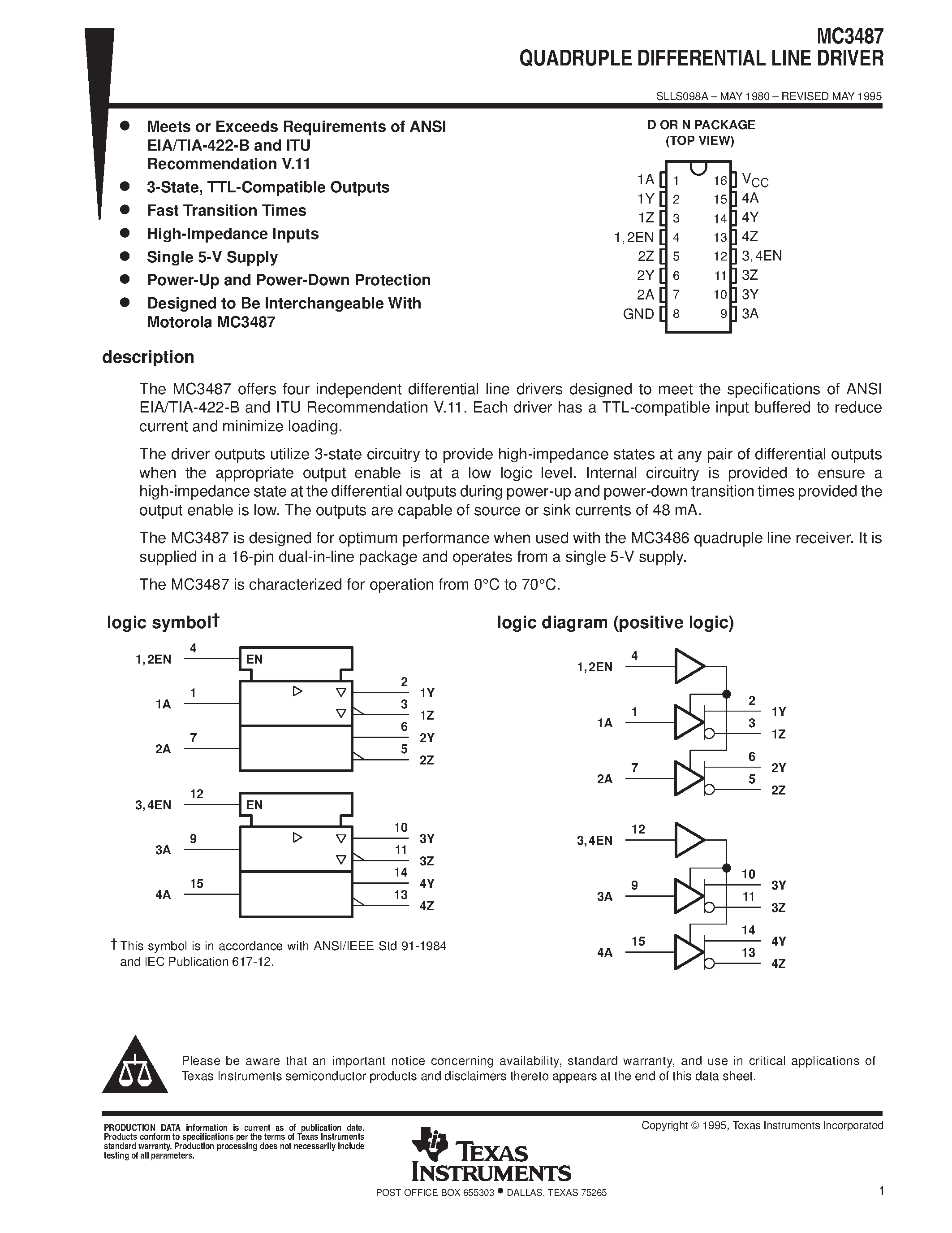 Datasheet MC3487 - QUADRUPLE DIFFERENTIAL LINE DRIVER page 1