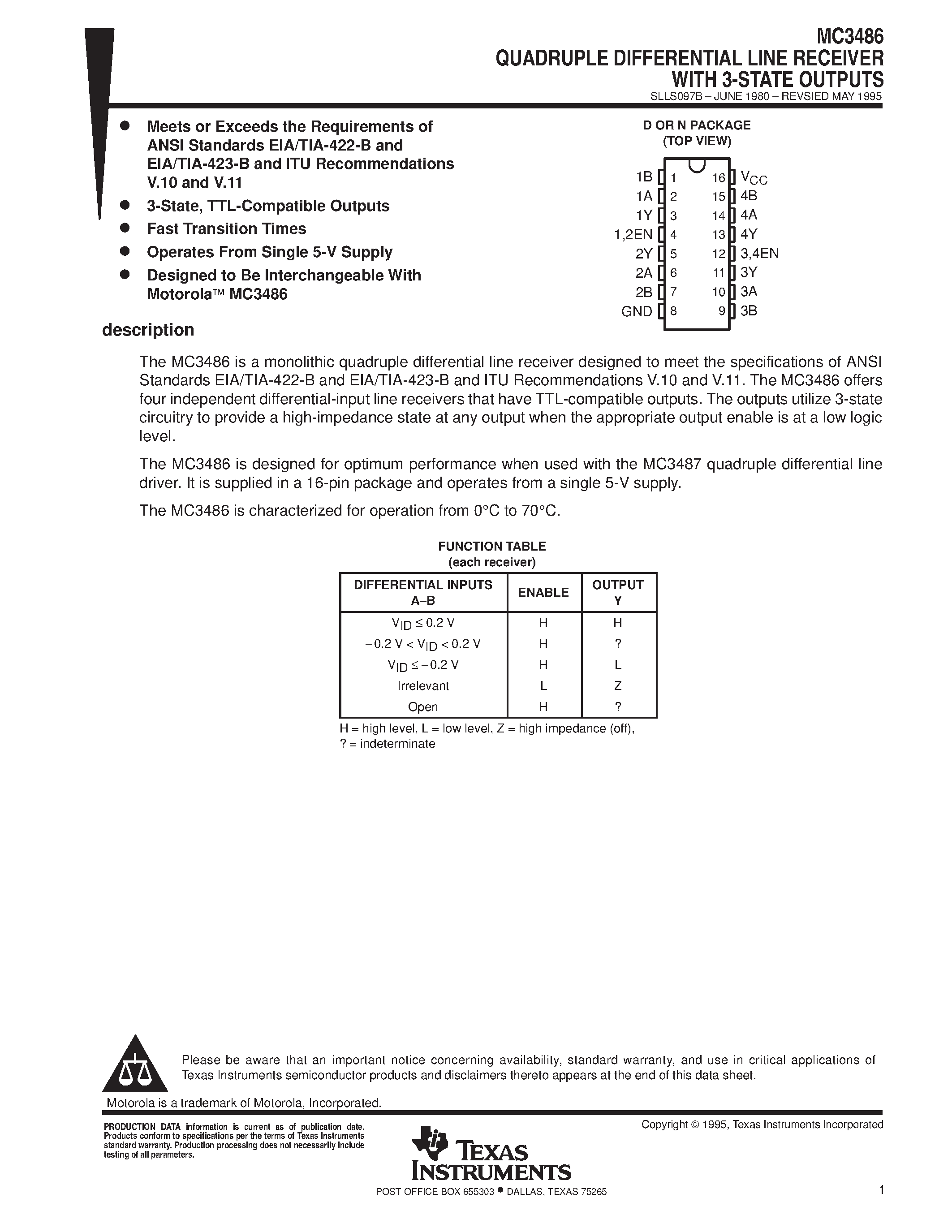 Datasheet MC3486 page 1 Datasheet MC3486 - QUADRUPLE DIFFERENTIAL LINE RECEIVER WITH 3-STATE OUTPUTS page 1