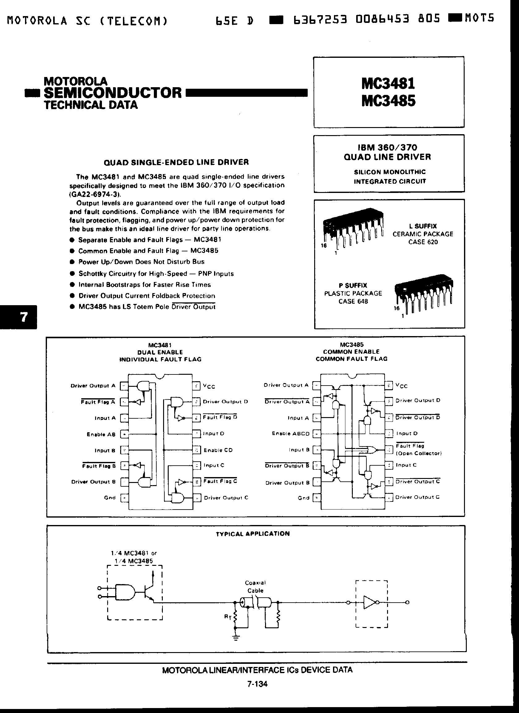 Datasheet MC3481 page 1 Datasheet MC3481 - (MC3485) QUAD SINGLE ENDED LINE DRIVER page 1