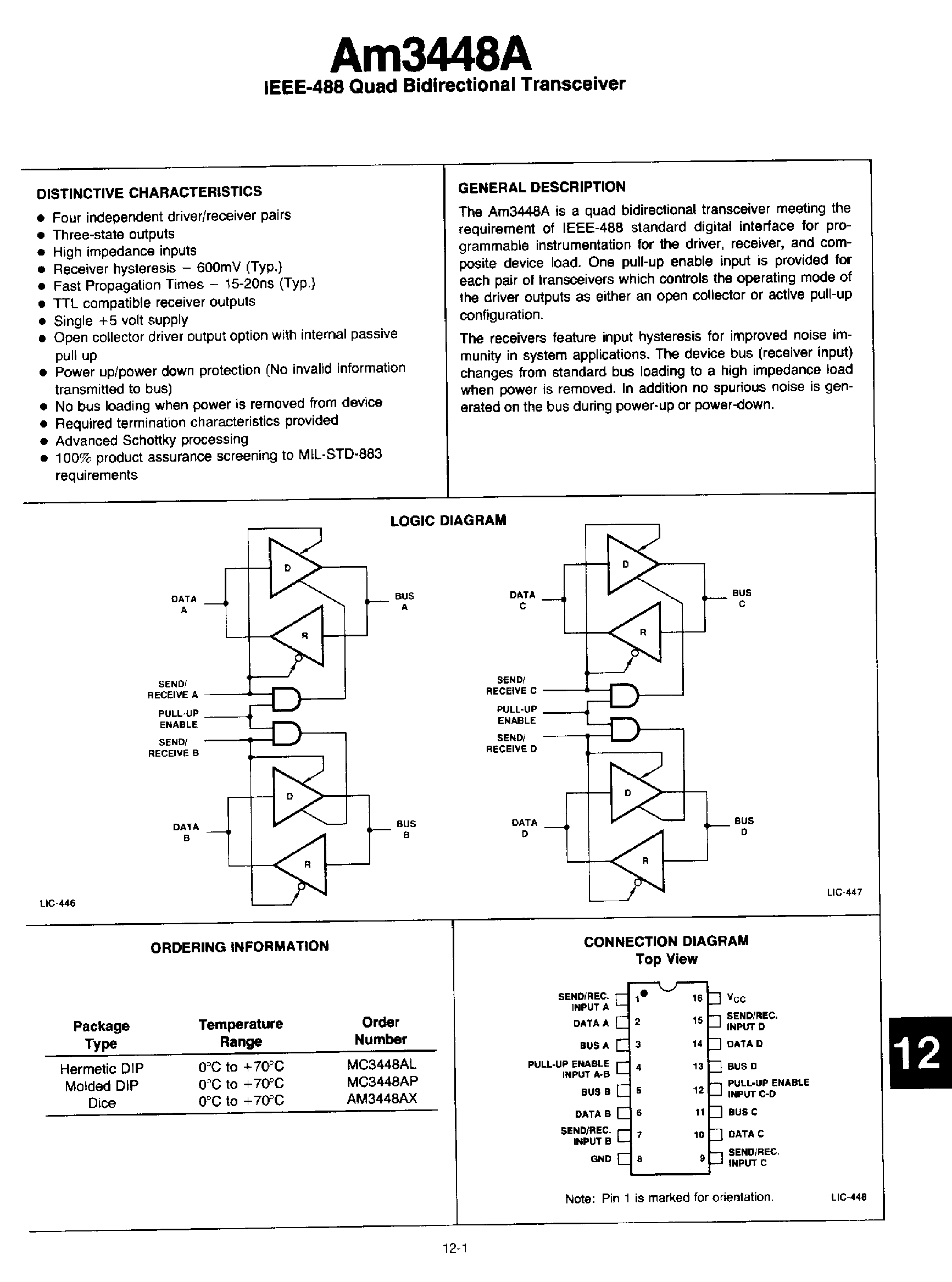 Datasheet MC3448A page 1 Datasheet MC3448A - IEEE-488 Quad Bidirectional Transceiver page 1