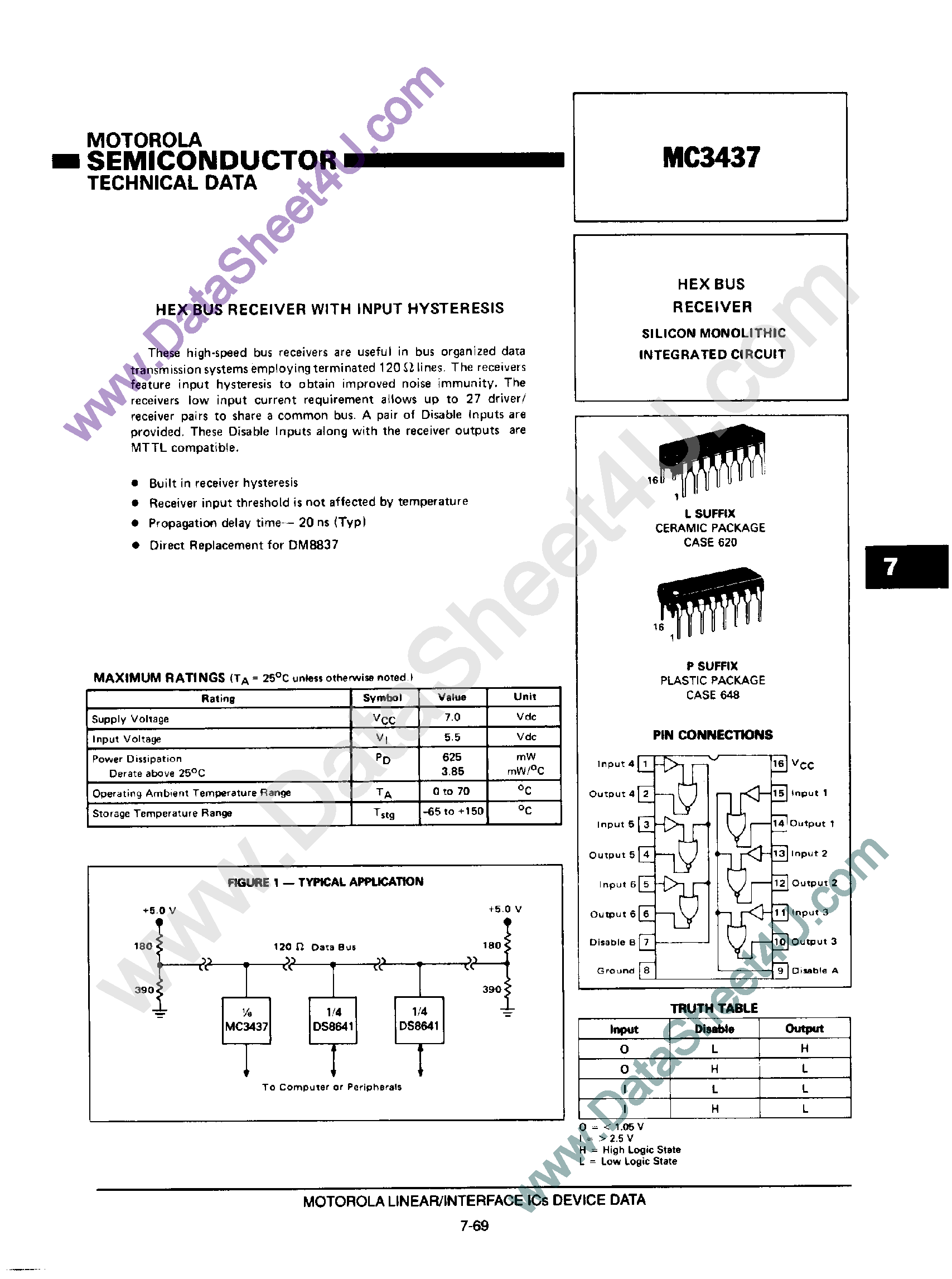 Datasheet MC3437 page 1 Datasheet MC3437 - Hex Bus Receiver with Input Hysteresis page 1