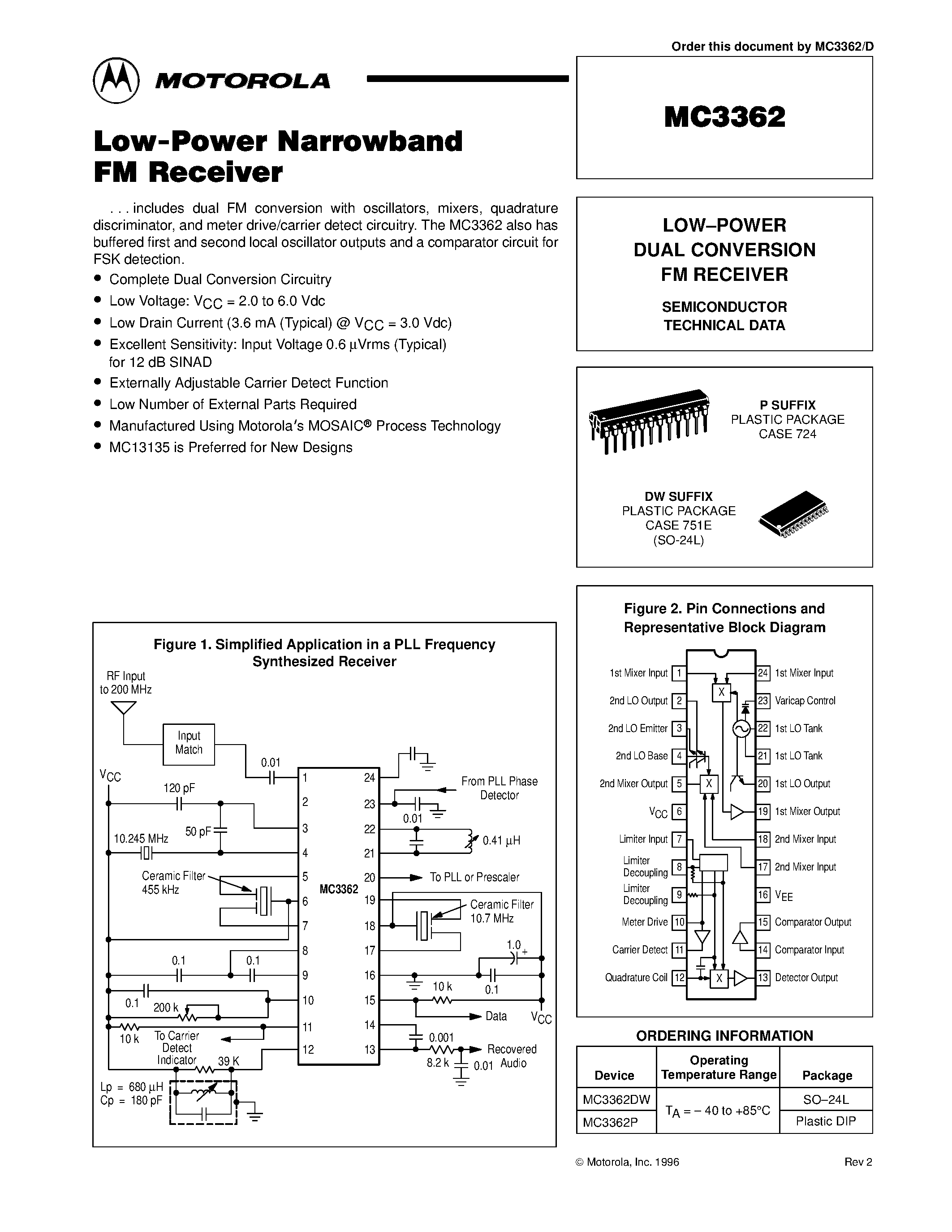 Datasheet MC3362 - LOW-POWER DUAL CONVERSION FM RECEIVER page 1