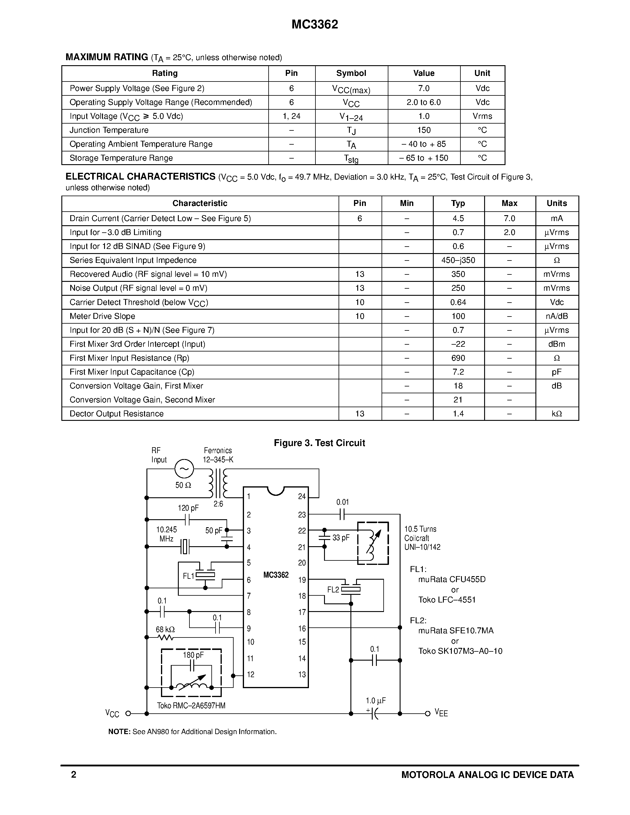 Datasheet MC3362 - LOW-POWER DUAL CONVERSION FM RECEIVER page 2