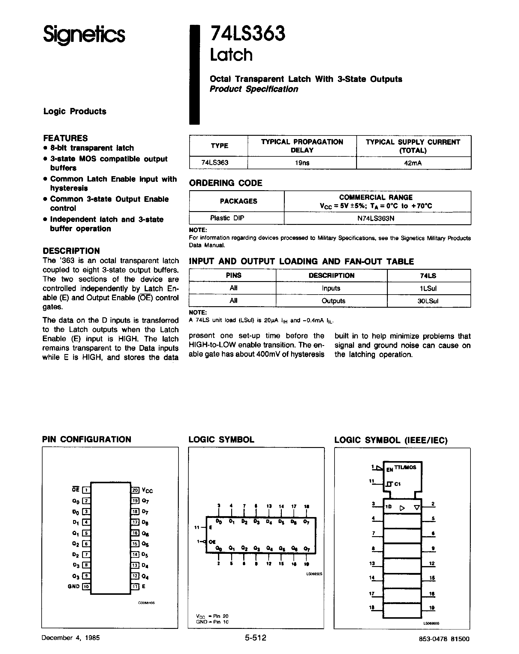 Datasheet 74LS363 - Octal Transparent Latch with 3 State Outputs page 1