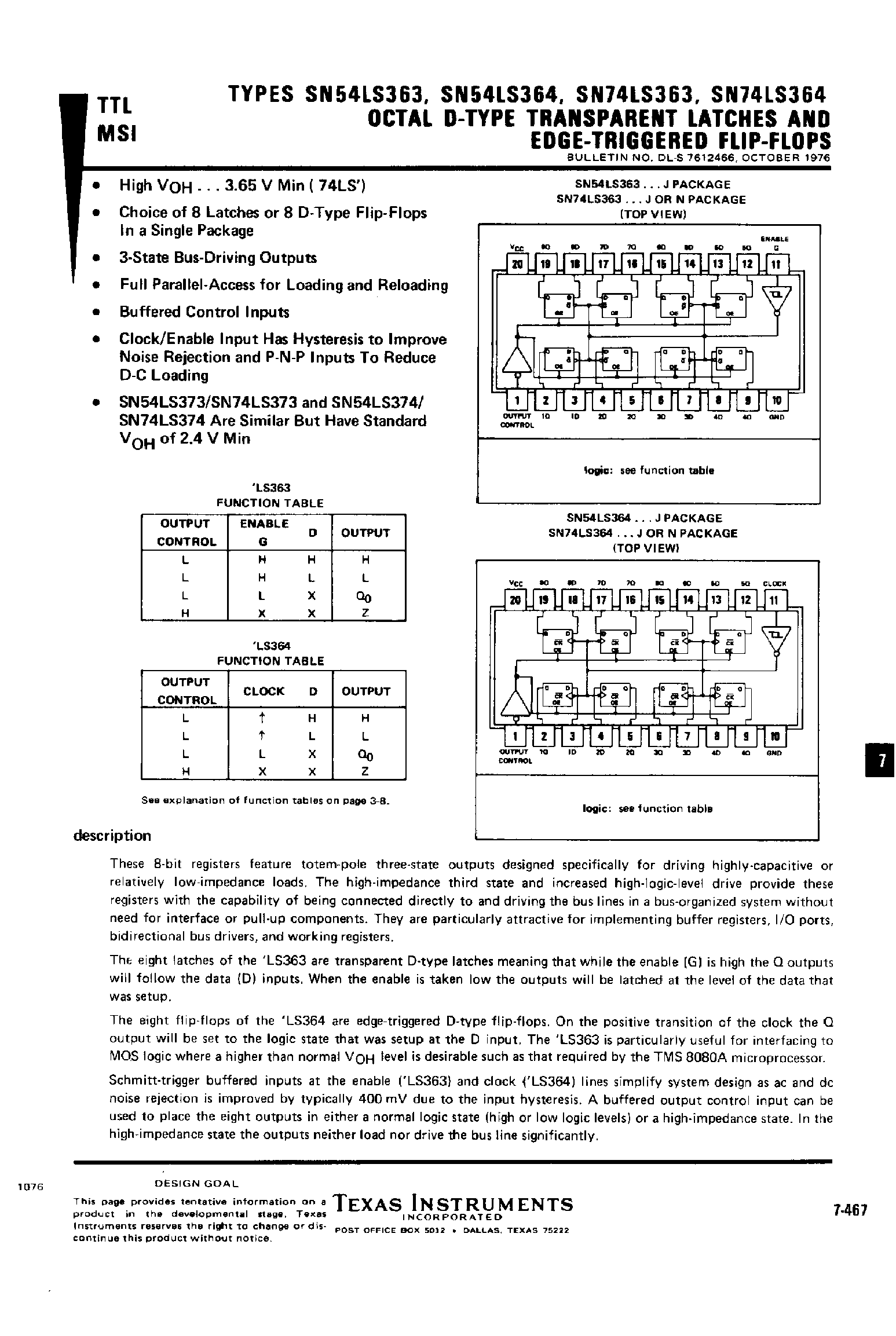 Datasheet SN74LS363 - Octal D Type Transparent Latches and EDGE-Triggered F-F page 1