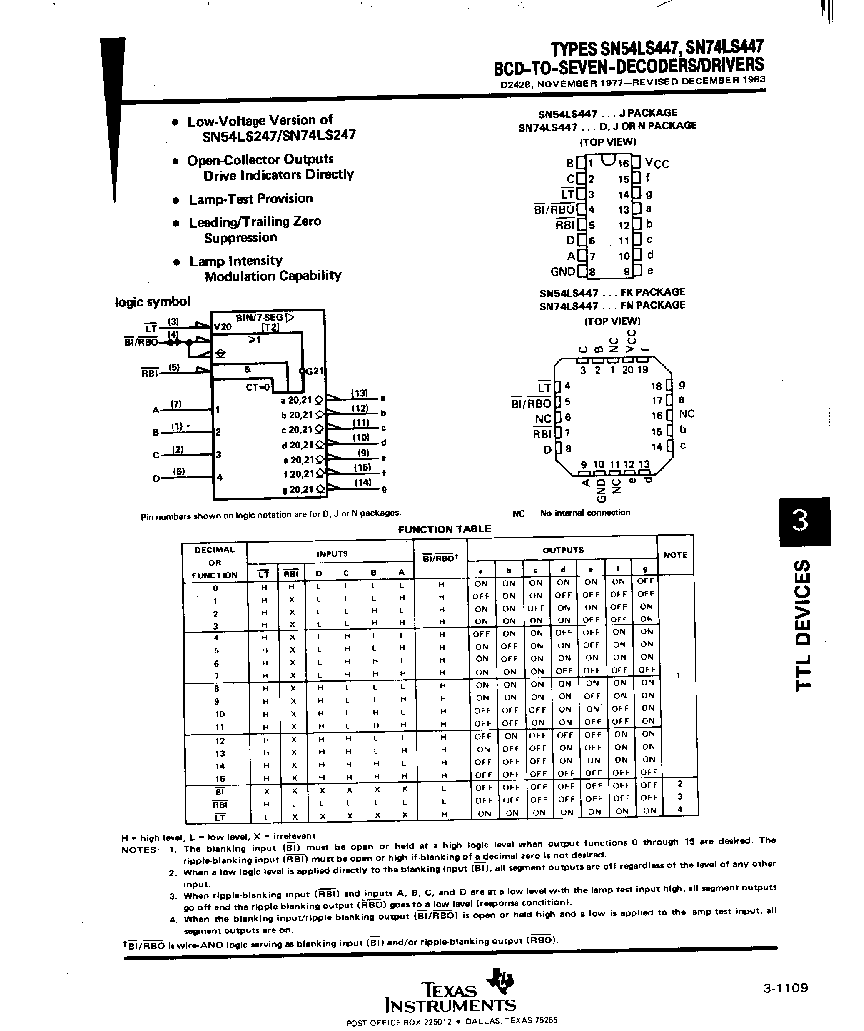 Datasheet SN74LS447 page 1 Datasheet SN74LS447 - BCD to 7 Decoders / Drivers page 1