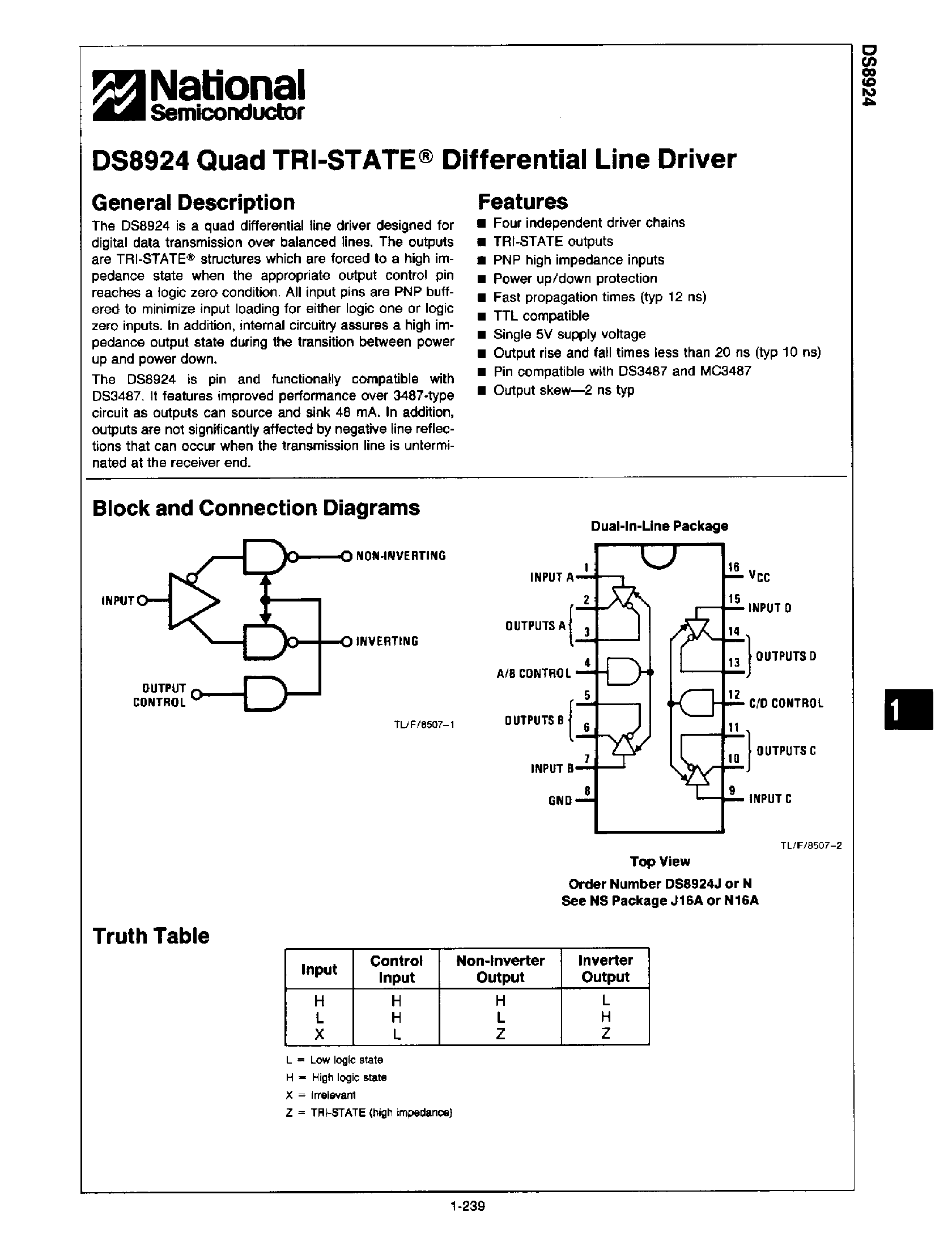 Даташит DS8924 - Quad Tri-State Differential Line Driver страница 1