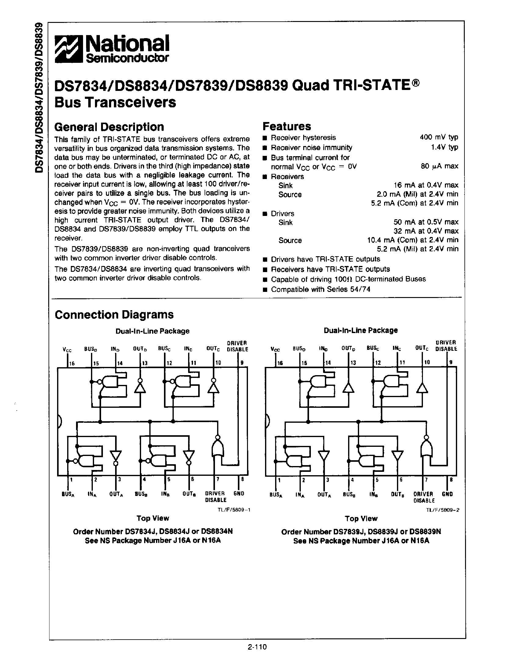 Даташит на микросхему DS8839 страница 1 Даташит DS8839 - Quad Tri-State Bus Transceivers страница 1