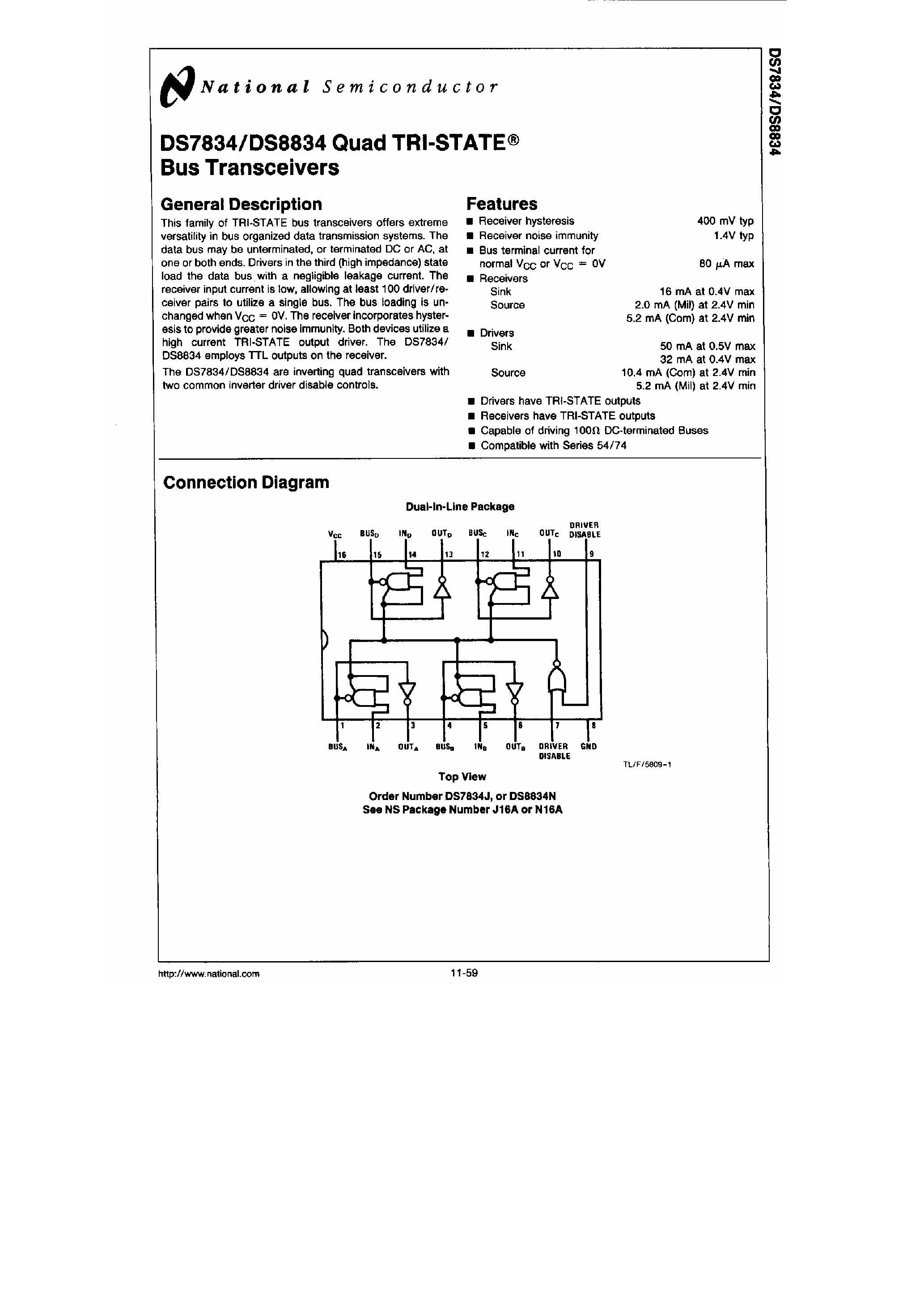 Даташит на микросхему DS8834 страница 1 Даташит DS8834 - Quad Tri-State Bus Transceivers страница 1