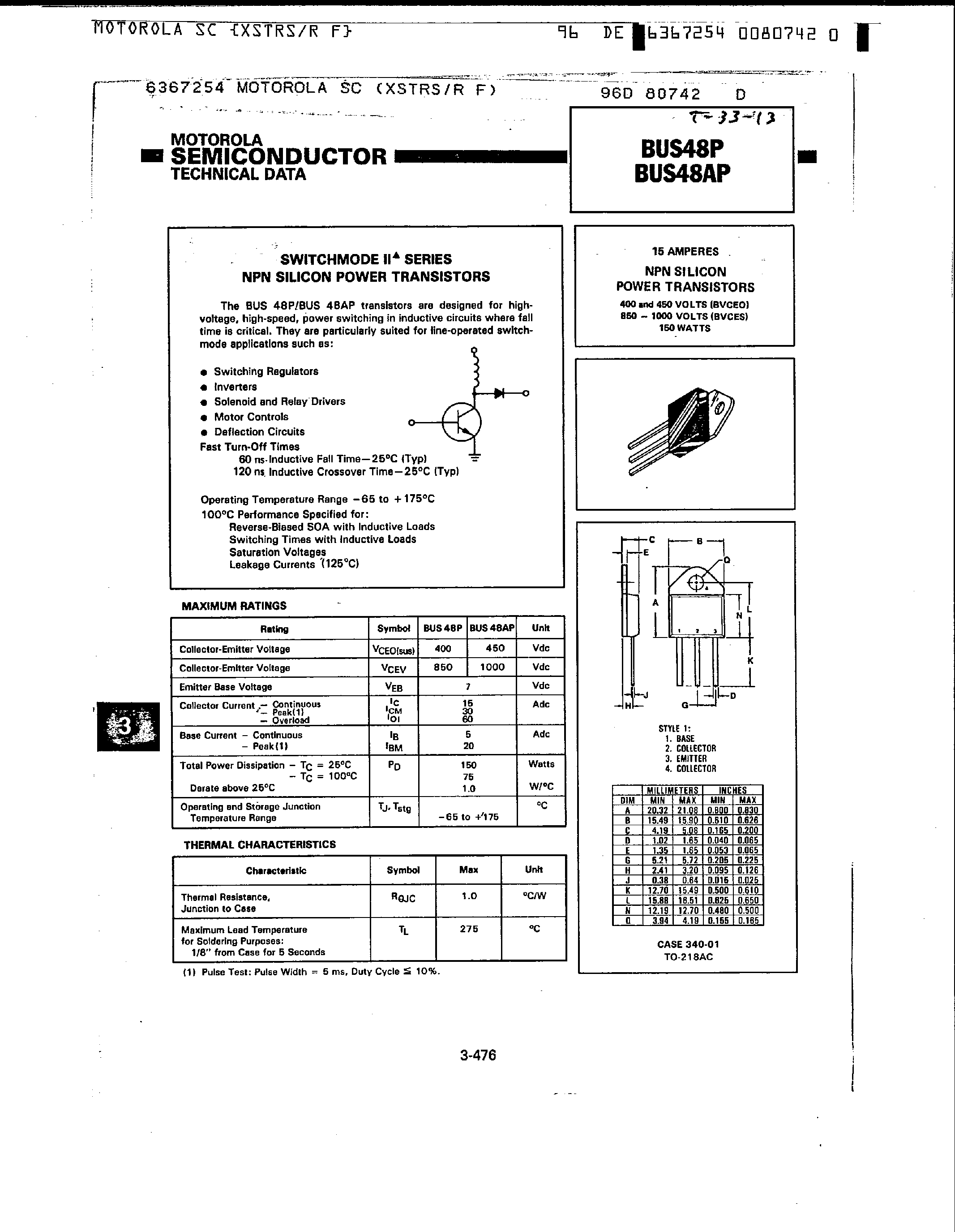 Даташит BUS48AP - SwitchMode II Series / NPN Silicon Power Transistors страница 1