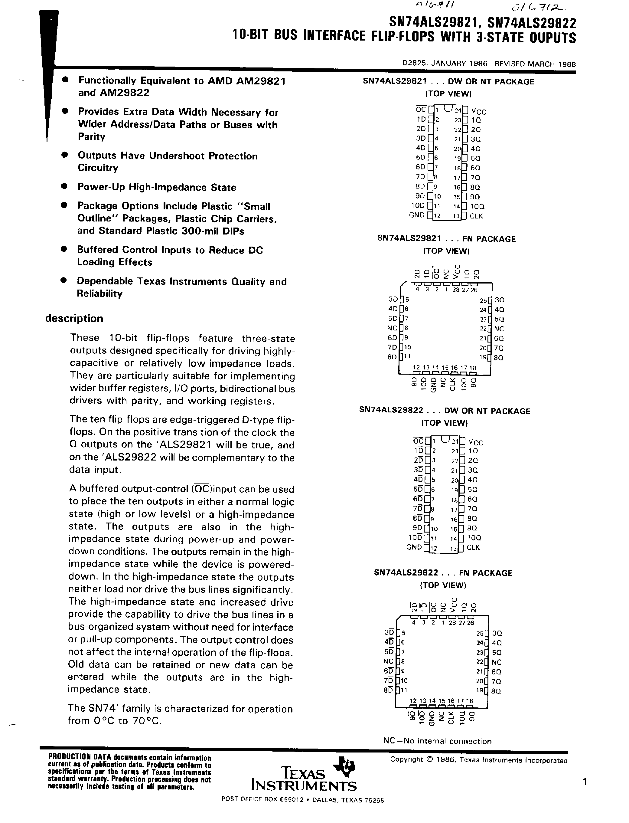 Даташит на микросхему SN74ALS29822 страница 1 Даташит SN74ALS29822 - (SN74ALS29821) 10 Bit Bus Interface F-F with 3 State Outputs страница 1