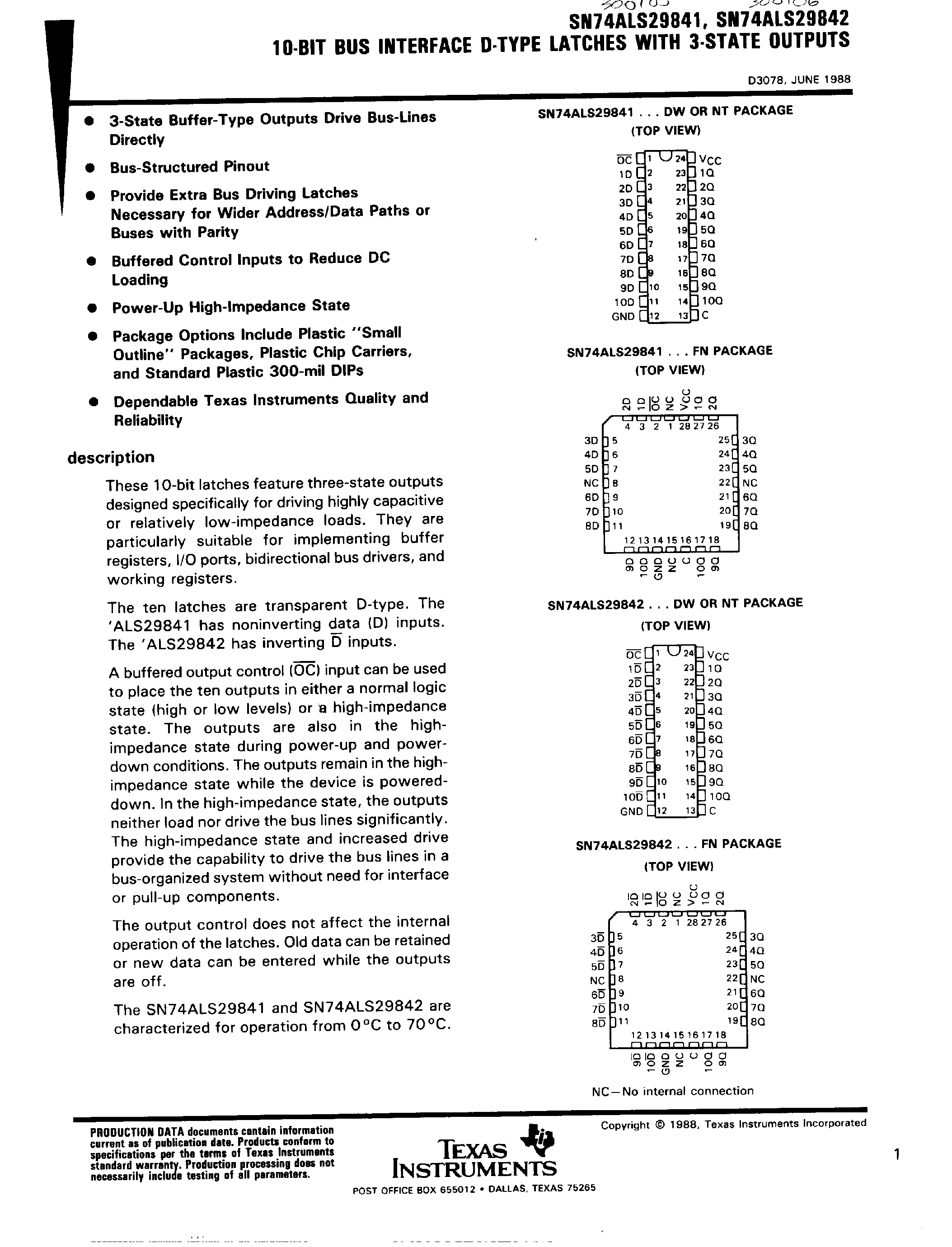 Даташит SN74ALS29842 - (SN74ALS29841) 10 Bit Bus Interface D Type Latches with 3 State Outputs страница 1